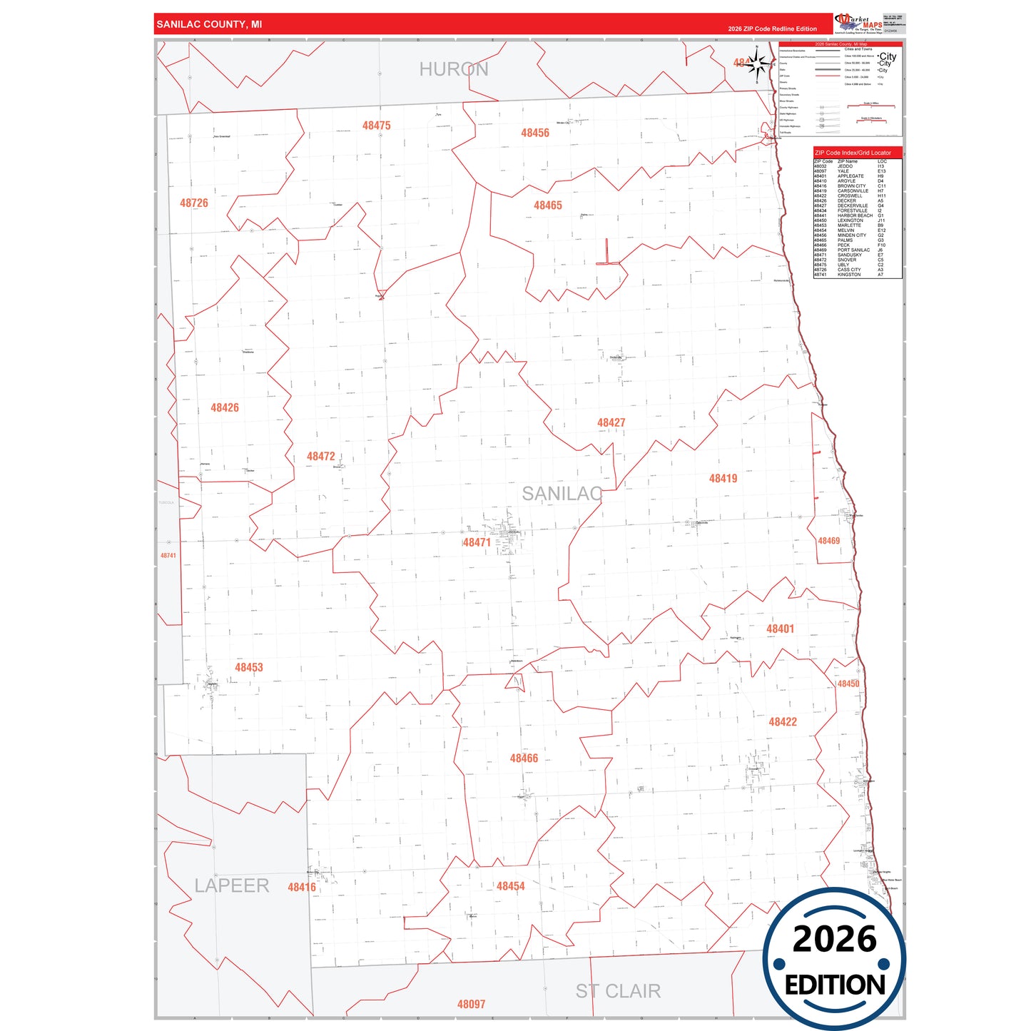 Sanilac County, MI Red Line 5 Digit ZIP Code Wall Map