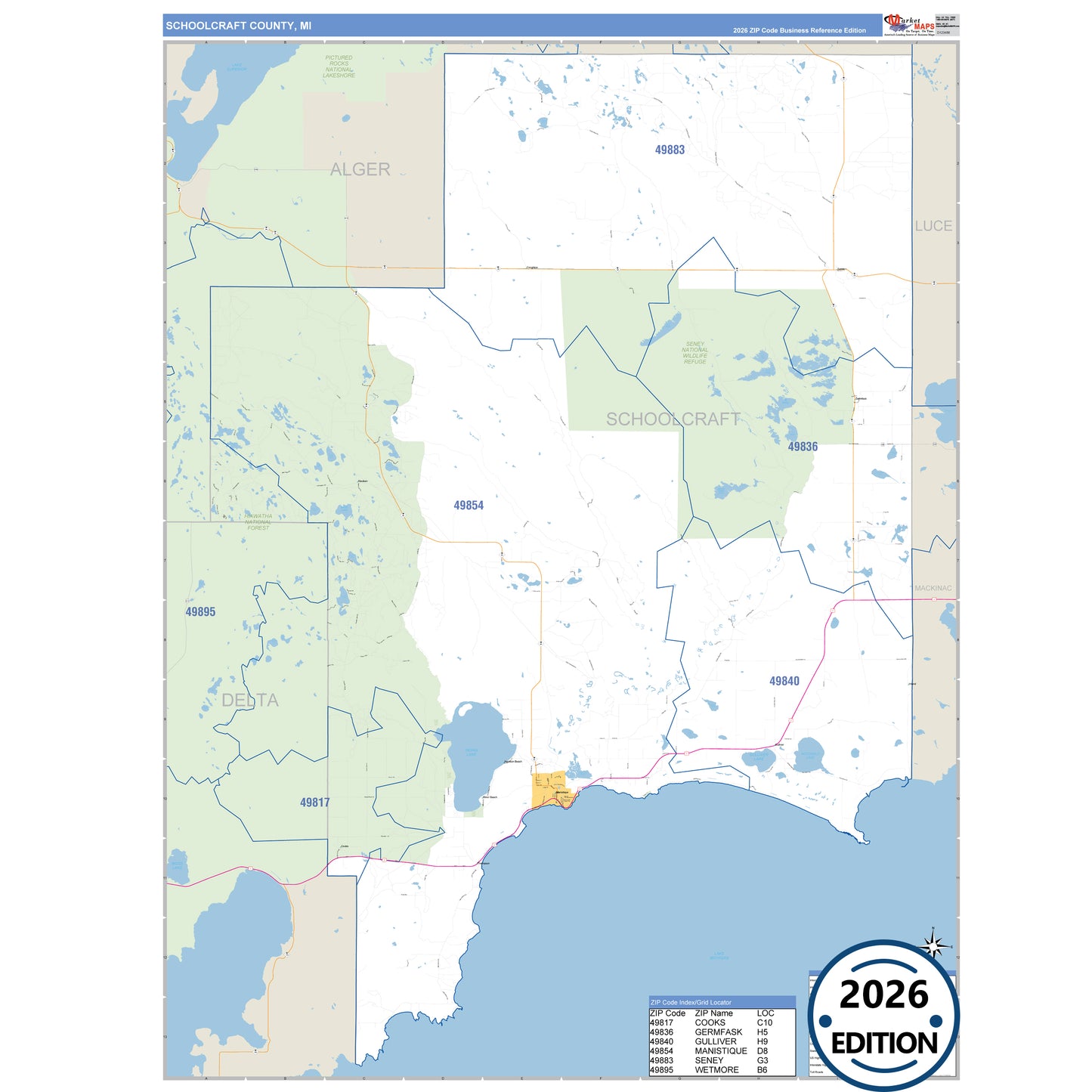 Schoolcraft County, MI Business Reference 5 Digit ZIP Code Wall Map