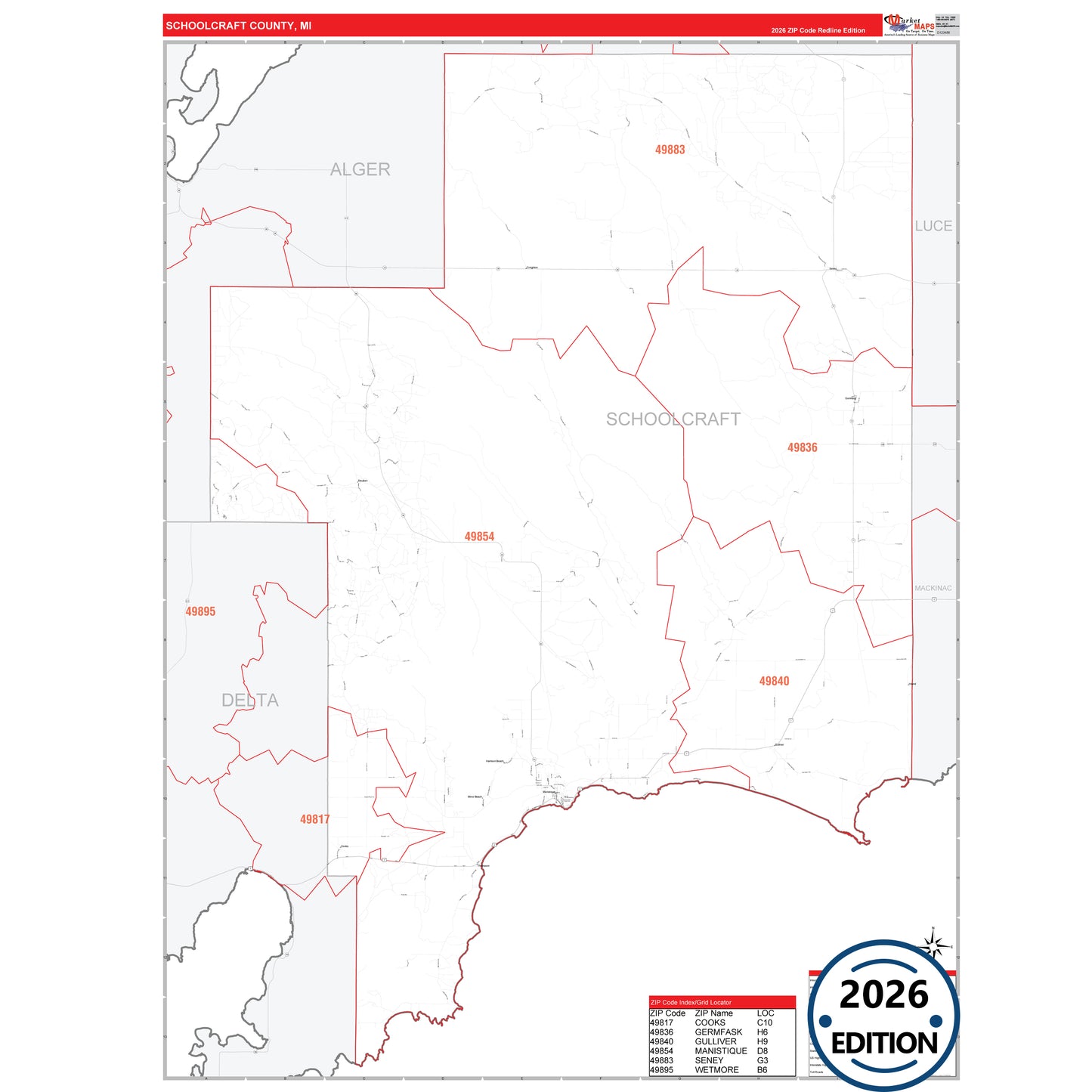 Schoolcraft County, MI Red Line 5 Digit ZIP Code Wall Map