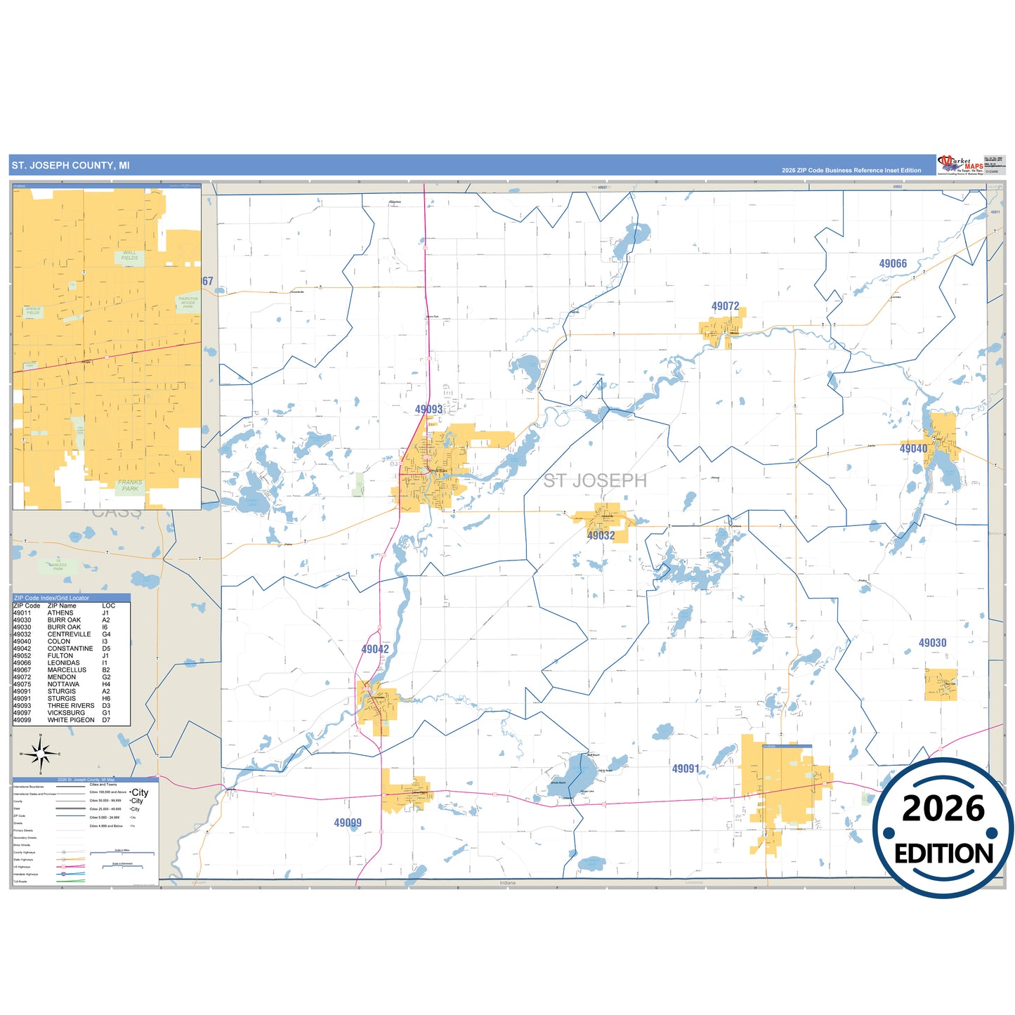 St. Joseph County, MI Business Reference 5 Digit ZIP Code Wall Map