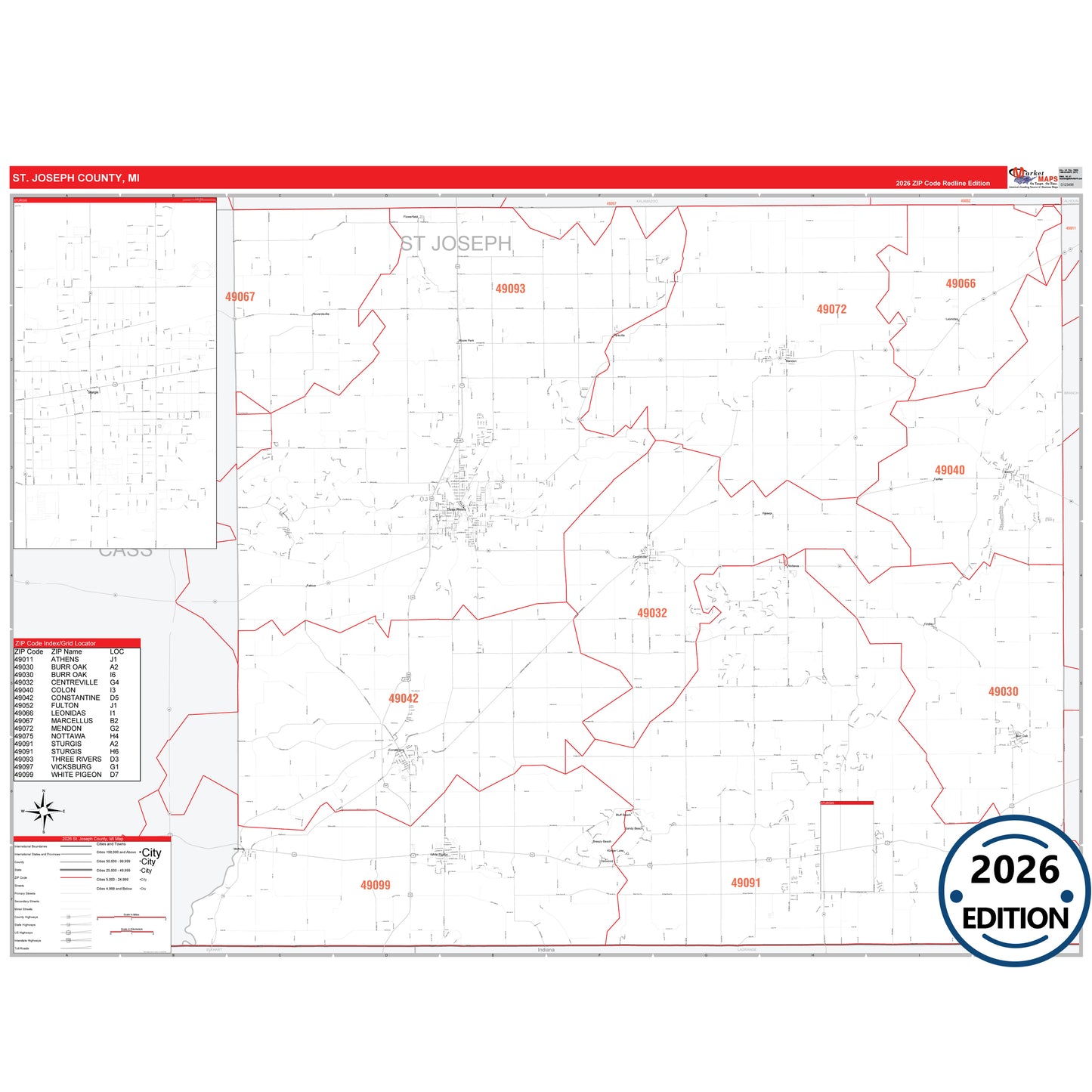 St. Joseph County, MI Red Line 5 Digit ZIP Code Wall Map