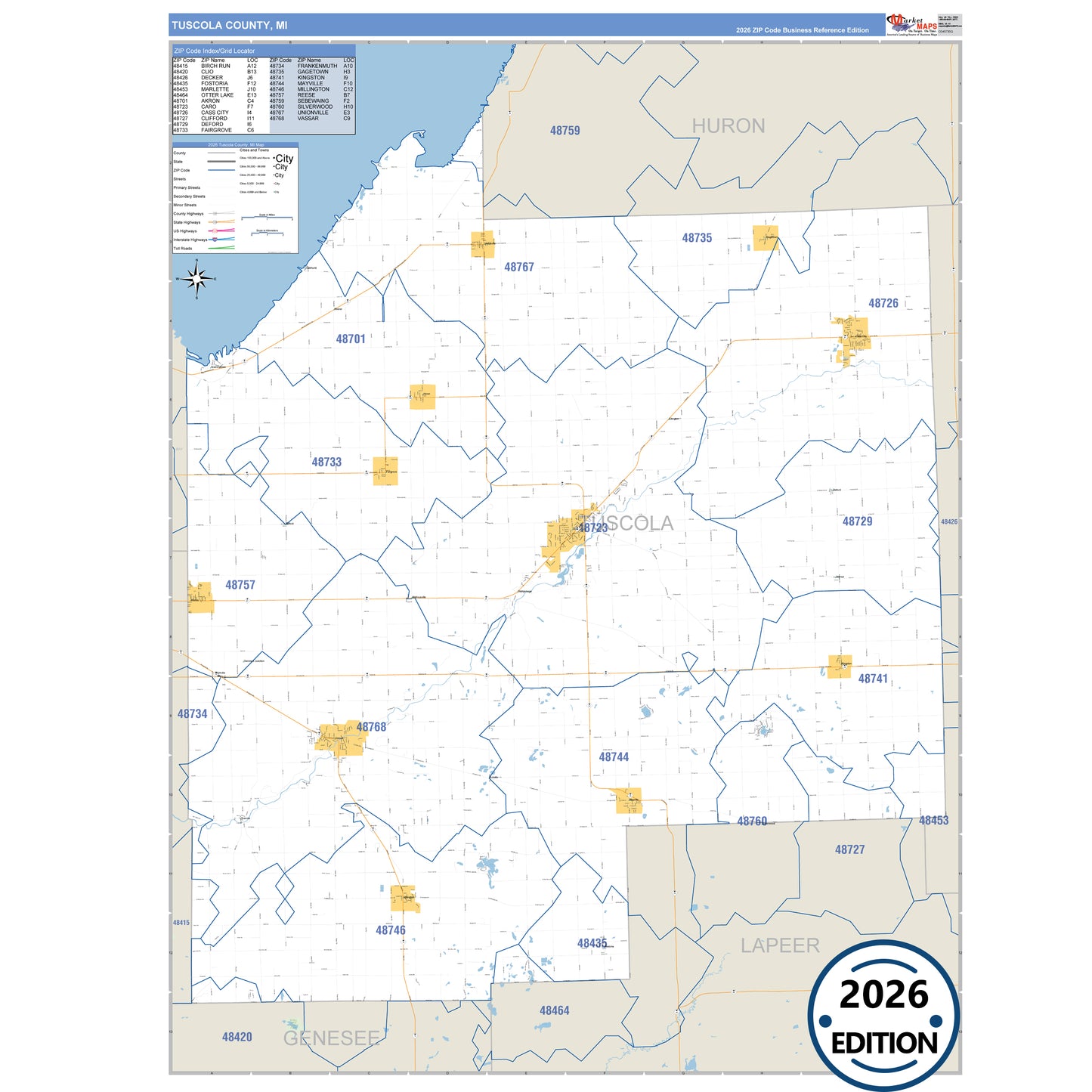 Tuscola County, MI Business Reference 5 Digit ZIP Code Wall Map