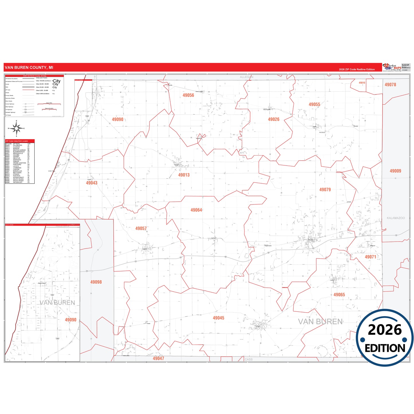 Van Buren County, MI Red Line 5 Digit ZIP Code Wall Map