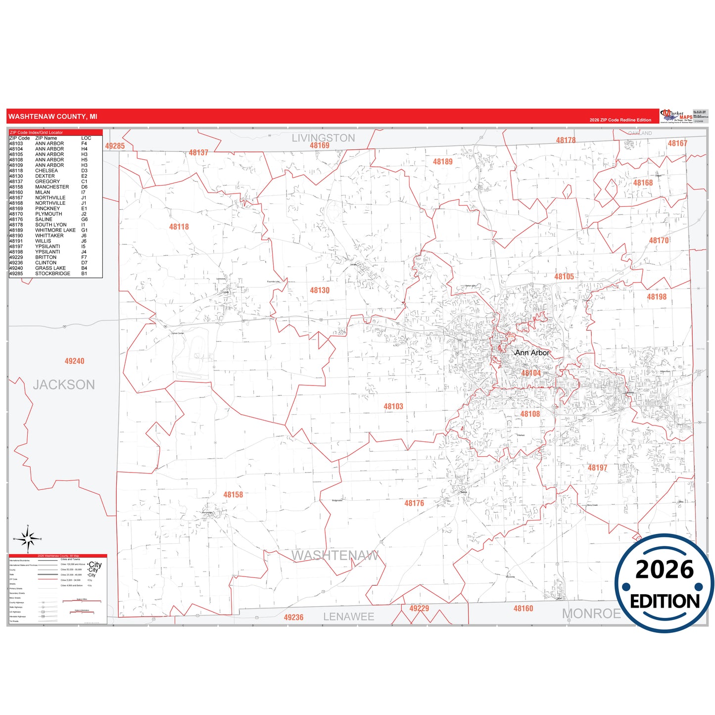 Washtenaw County, MI Red Line 5 Digit ZIP Code Wall Map