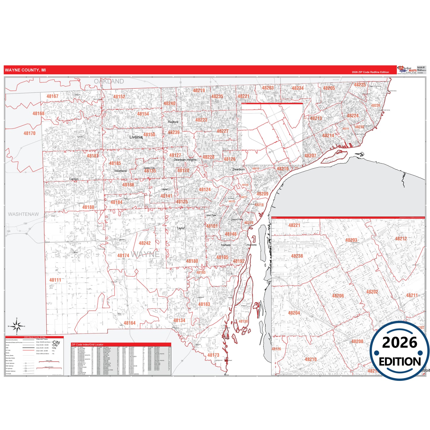 Wayne County, MI Red Line 5 Digit ZIP Code Wall Map