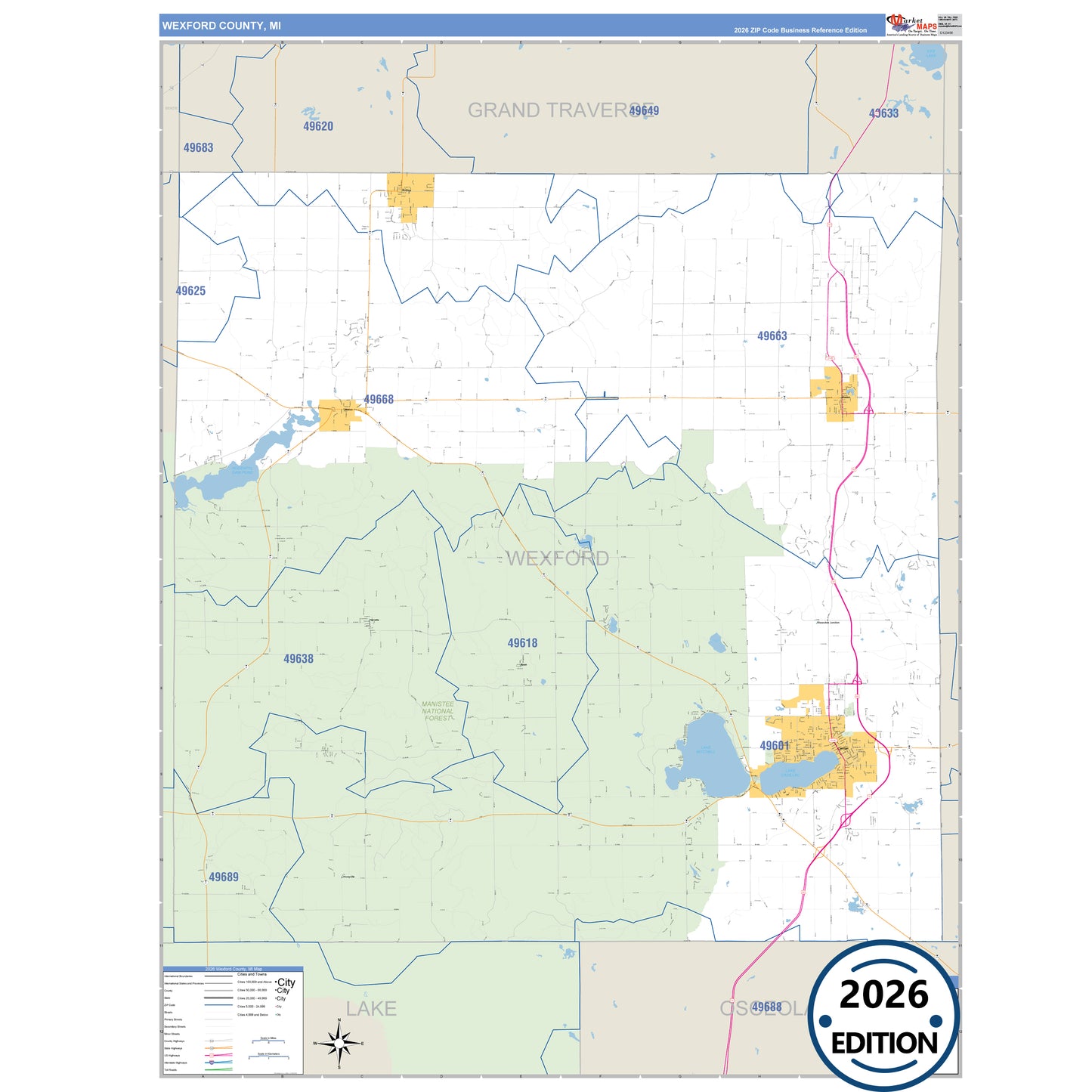 Wexford County, MI Business Reference 5 Digit ZIP Code Wall Map