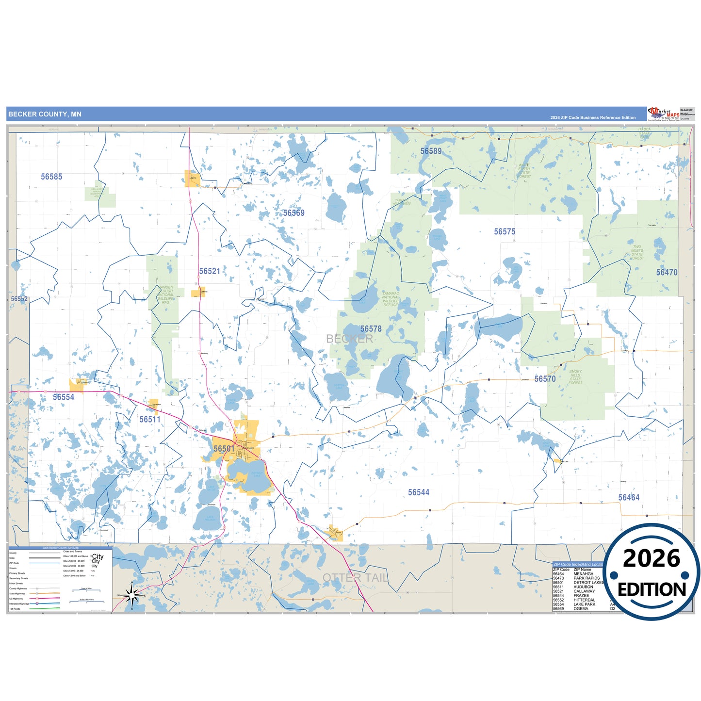 Becker County, MN Business Reference map with detailed roads, cities, and ZIP code boundaries.