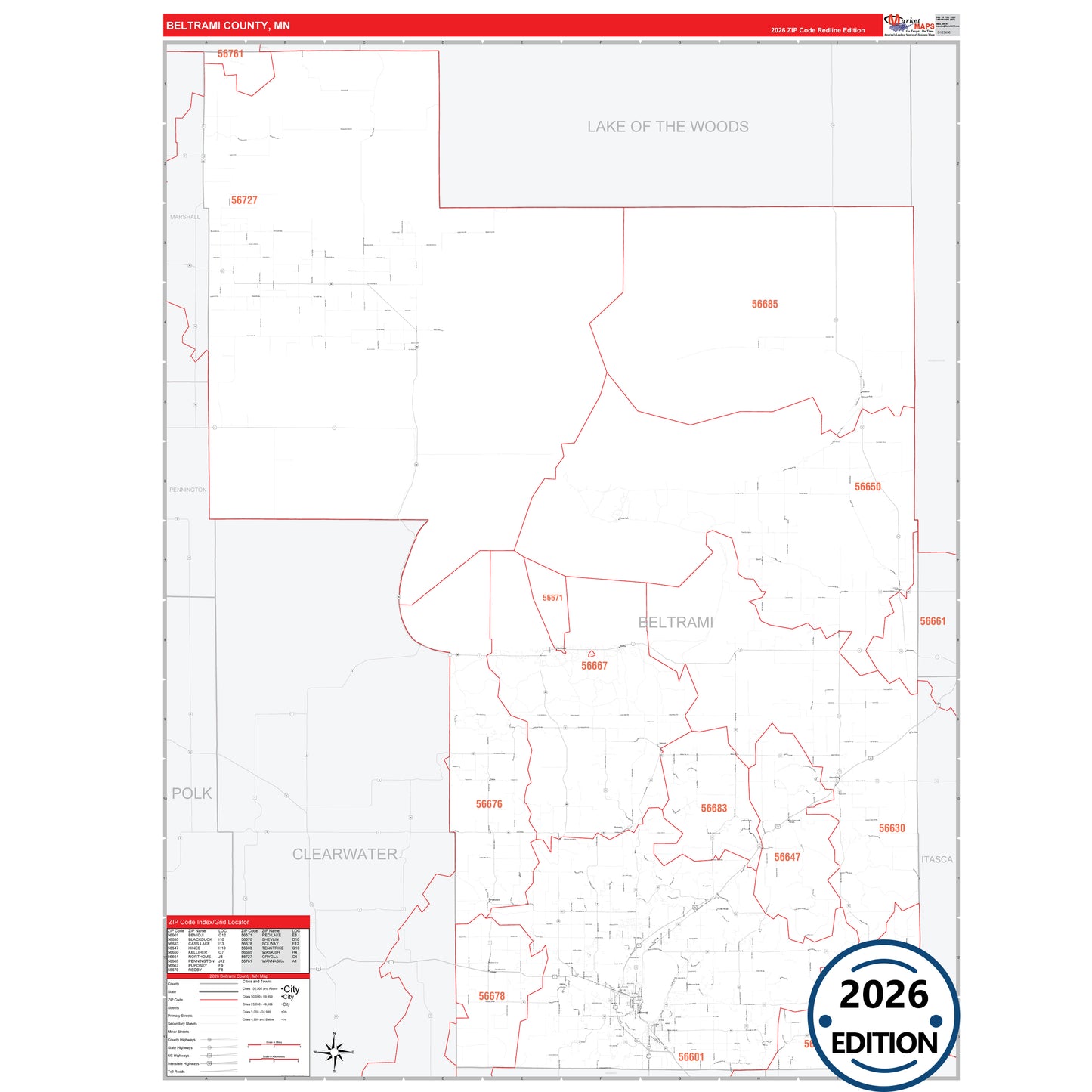 Beltrami County, MN Red Line 5 Digit ZIP Code Wall Map