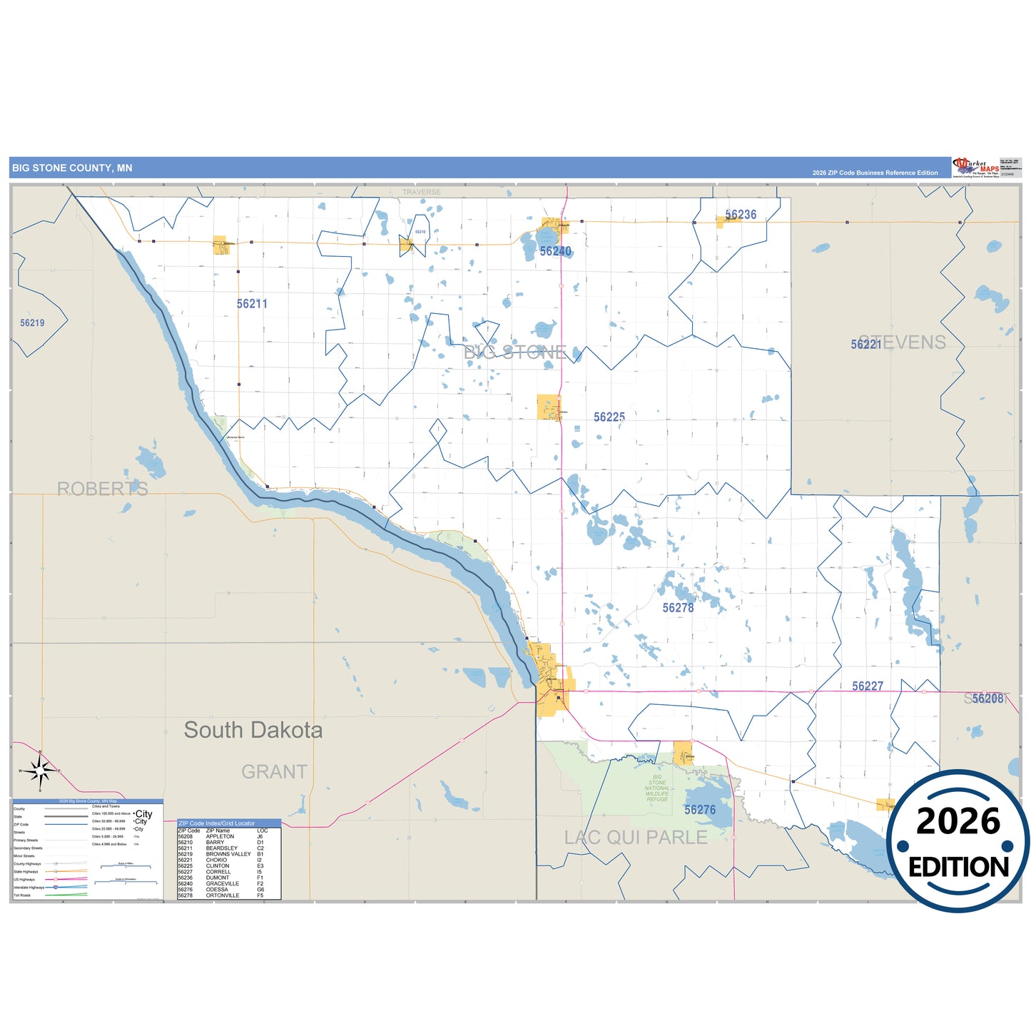 Big Stone County, MN Business Reference map with detailed roads, cities, and ZIP code boundaries.