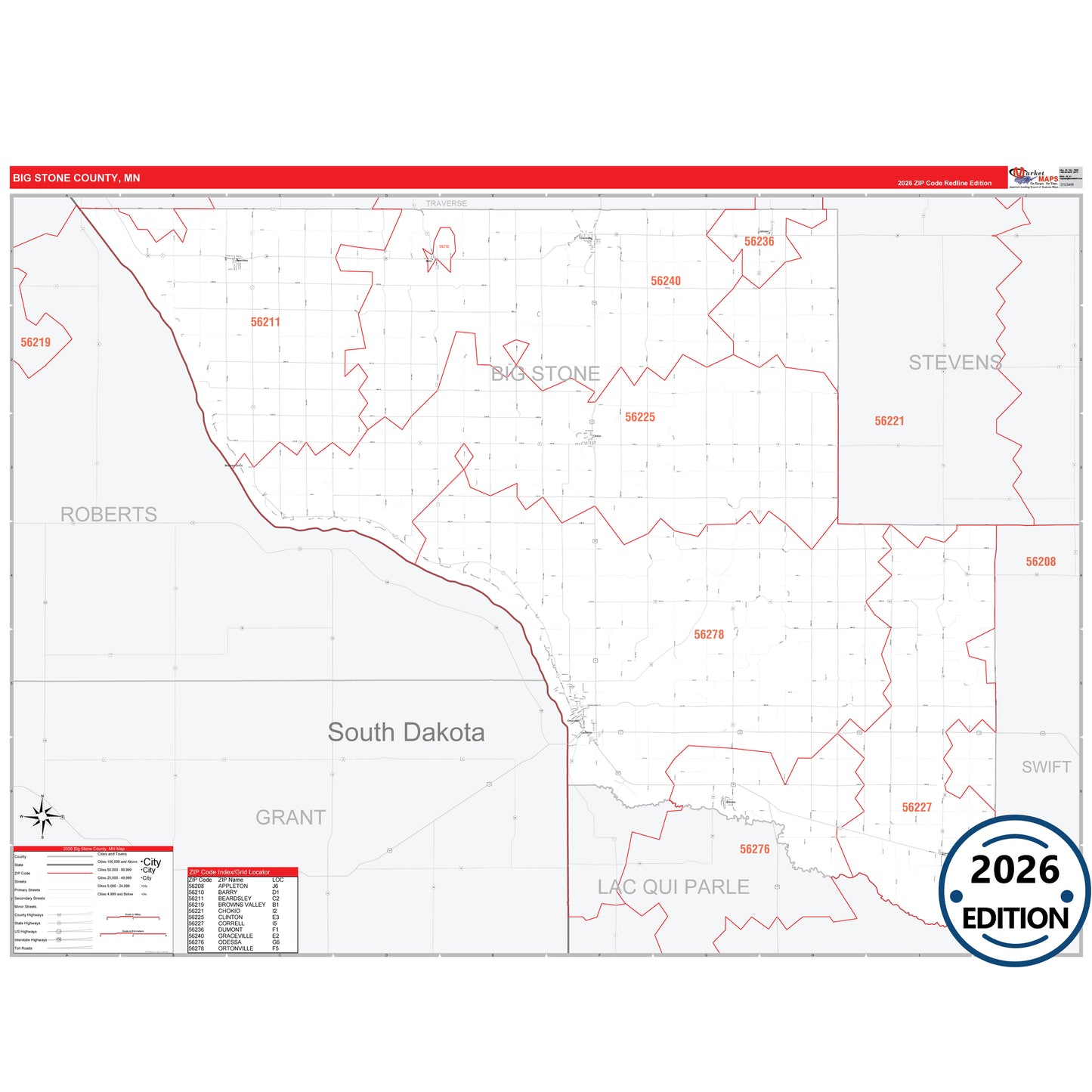 Big Stone County, MN Red Line map with detailed roads, cities, and ZIP code boundaries.