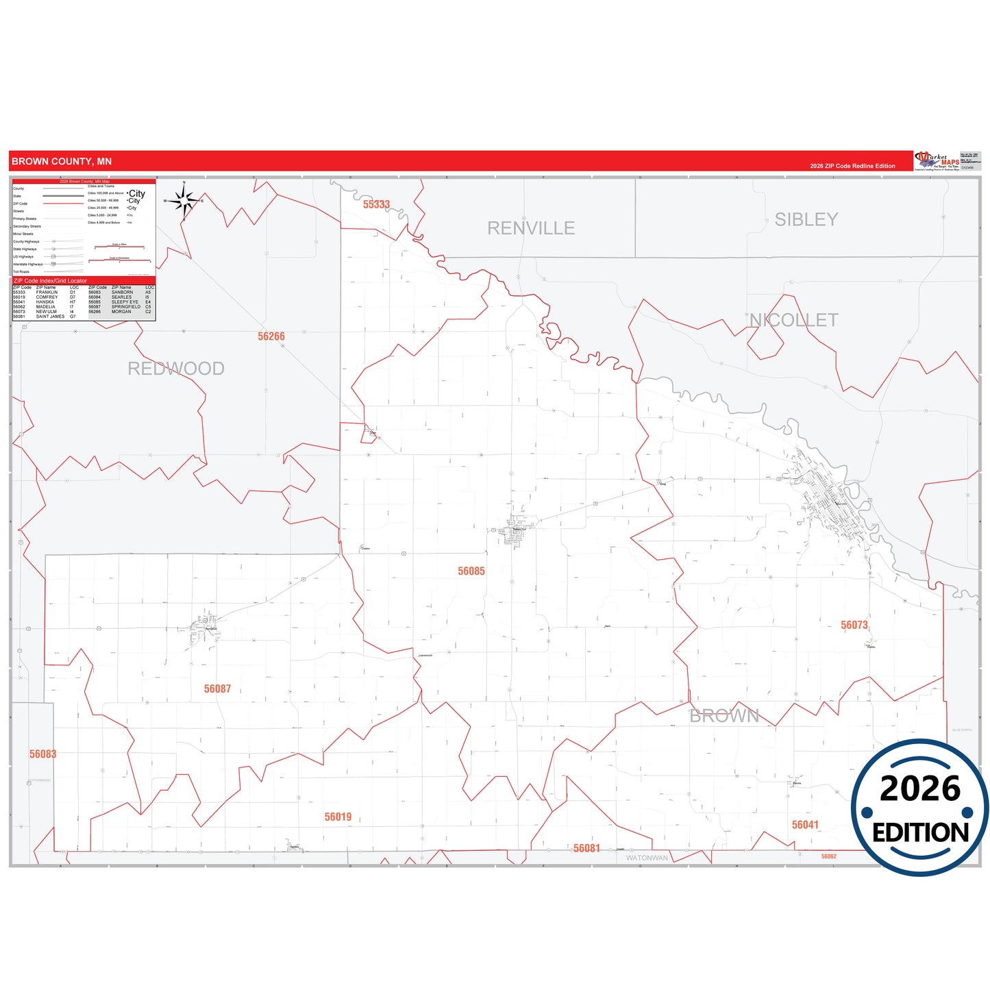 Brown County, MN Red Line map with detailed roads, cities, and ZIP code boundaries.