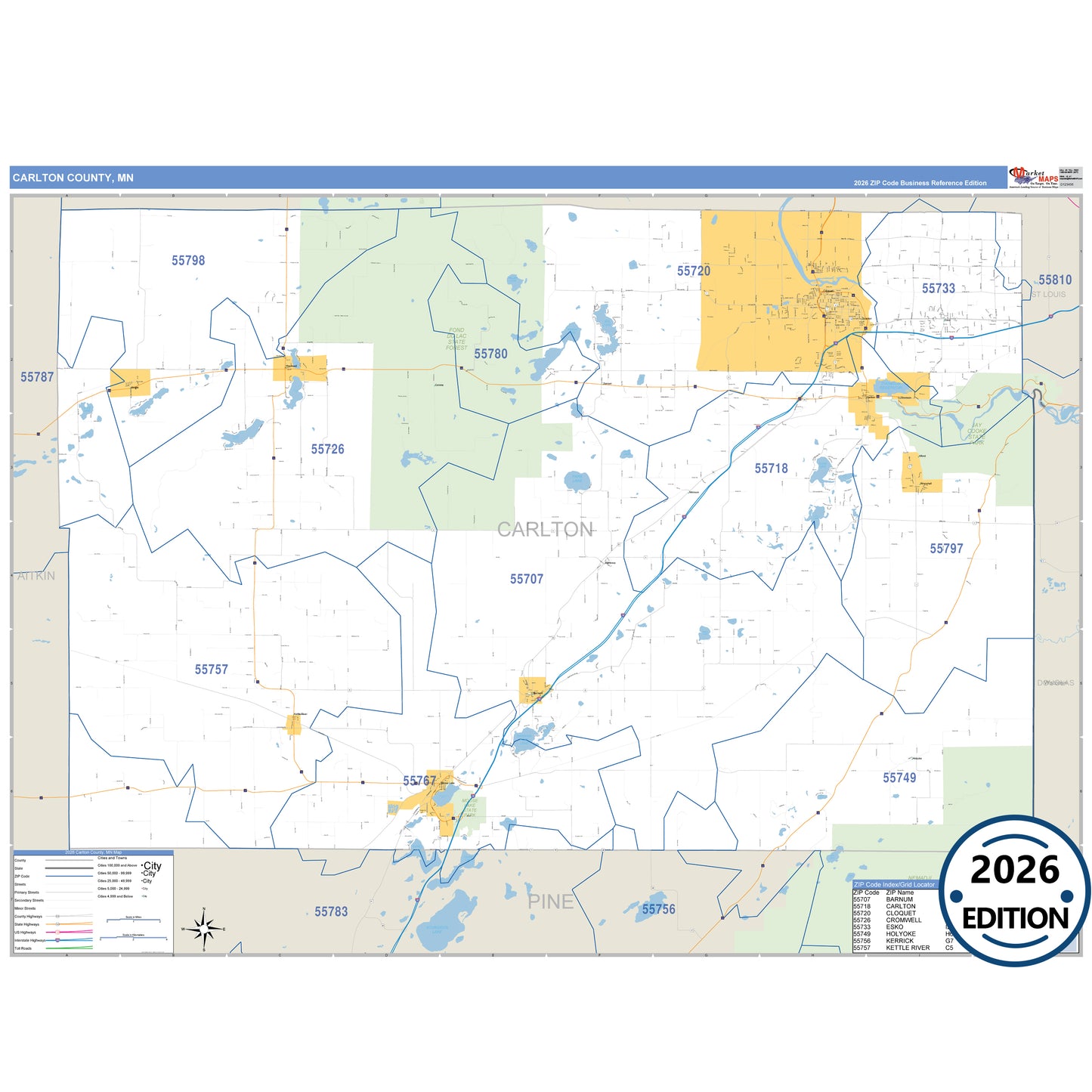 Carlton County, MN Business Reference map with detailed roads, cities, and ZIP code boundaries.