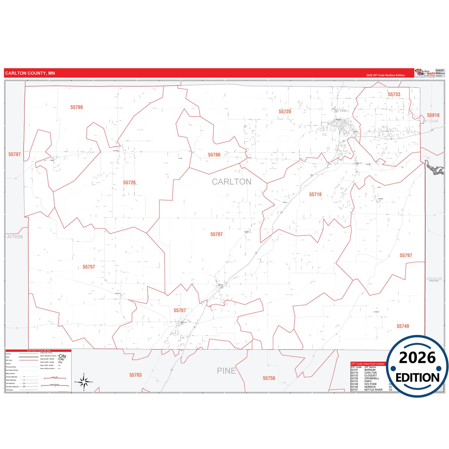 Carlton County, MN Red Line map with detailed roads, cities, and ZIP code boundaries.