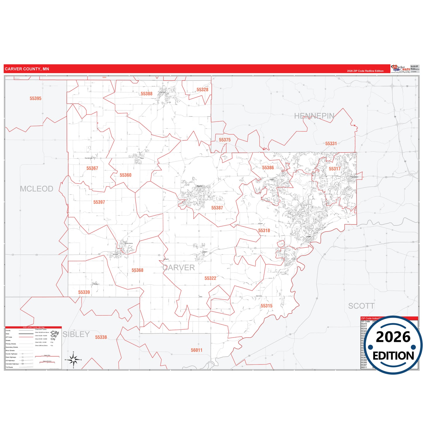Carver County, MN Red Line map with detailed roads, cities, and ZIP code boundaries.