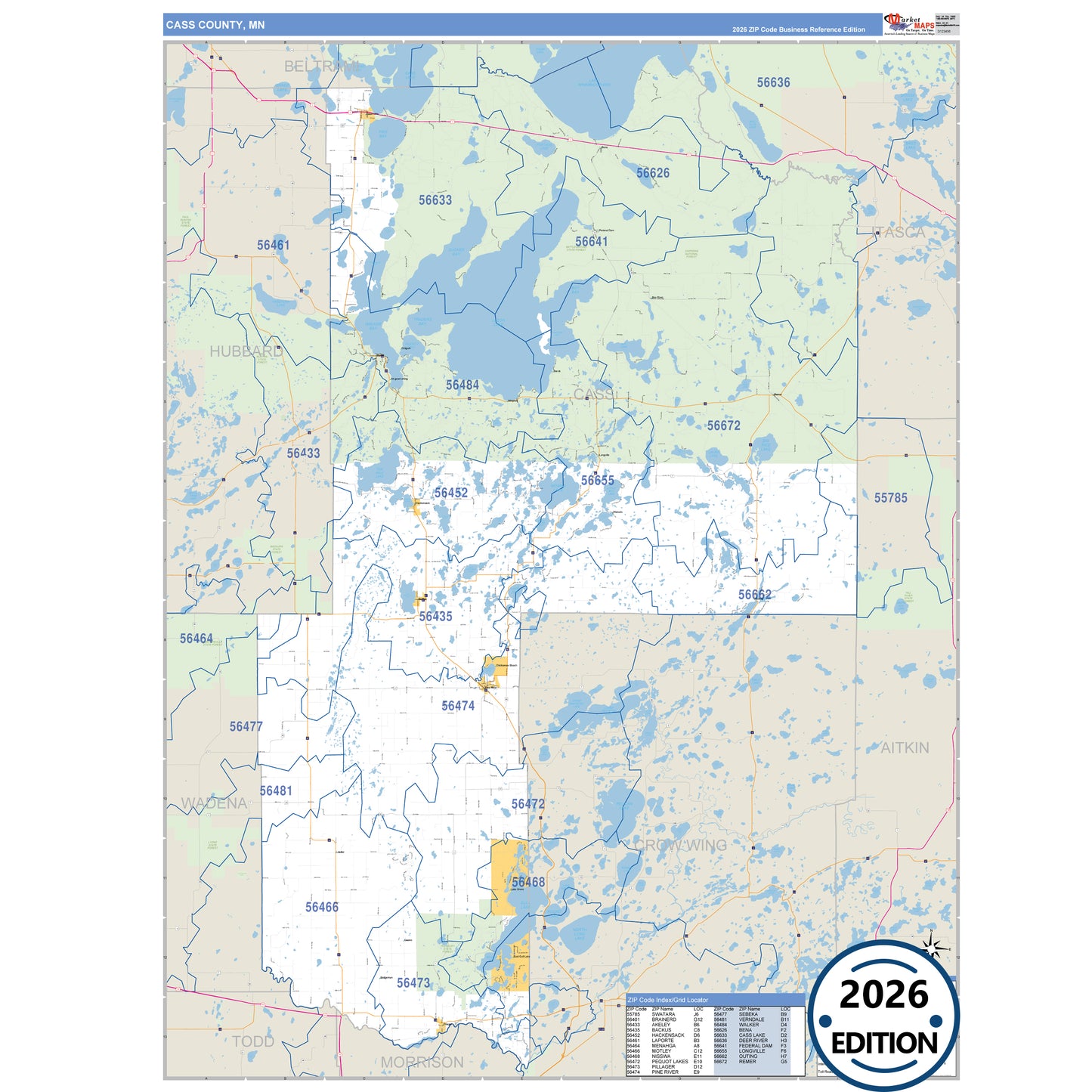 Cass County, MN Business Reference 5 Digit ZIP Code Wall Map