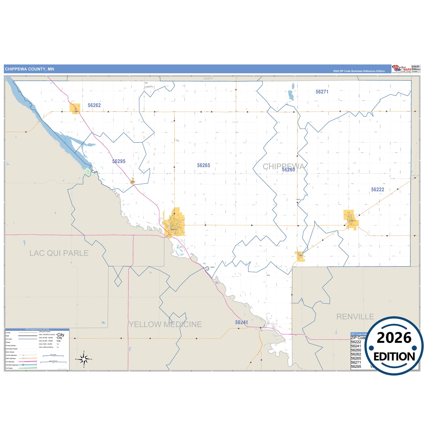 Chippewa County, MN Business Reference map with detailed roads, cities, and ZIP code boundaries.