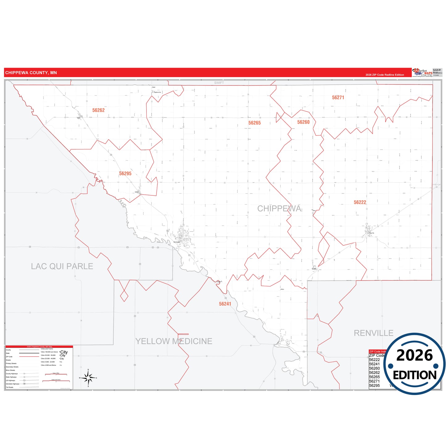 Chippewa County, MN Red Line 5 Digit ZIP Code Wall Map