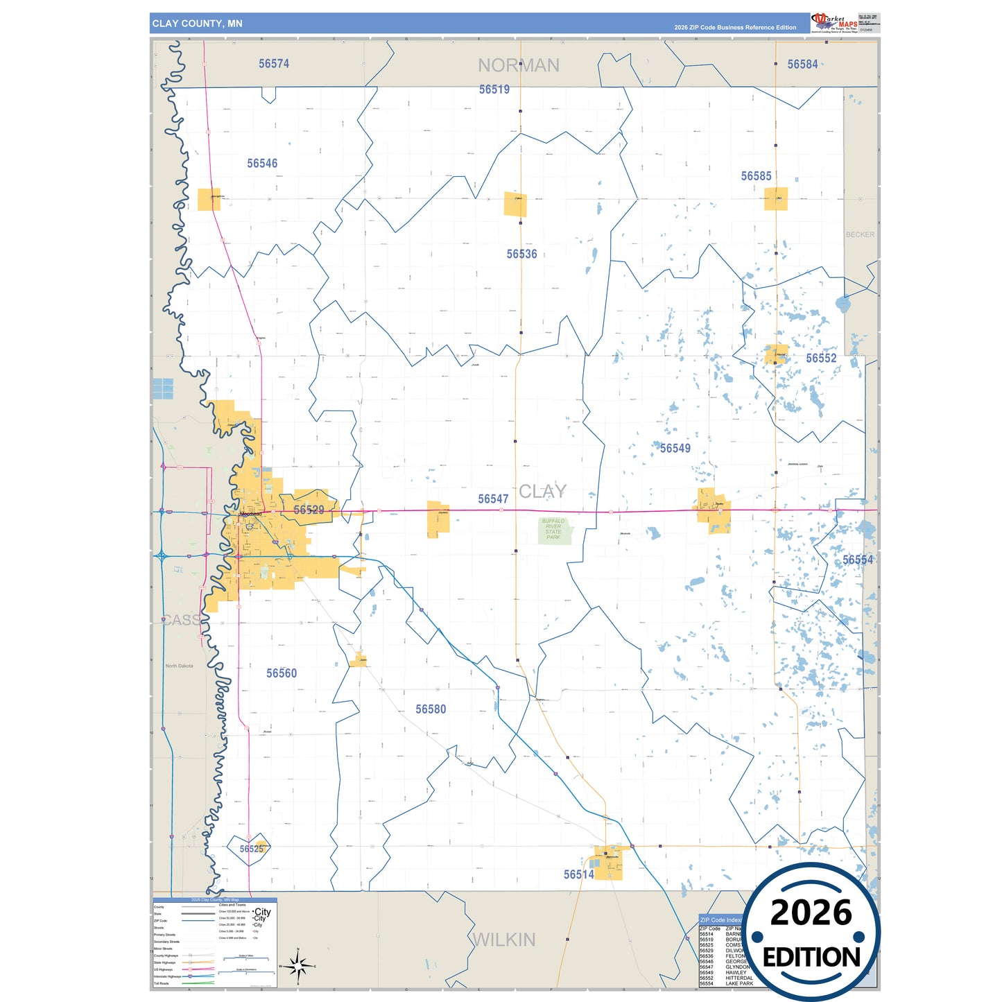 Clay County, MN Business Reference map with detailed roads, cities, and ZIP code boundaries.