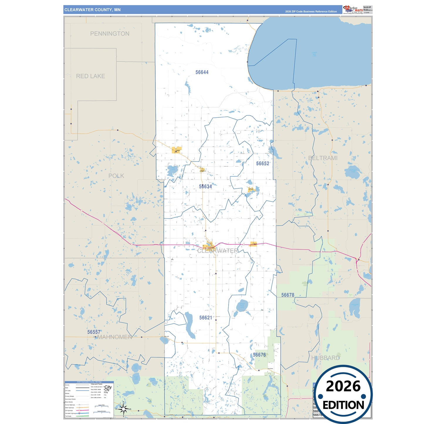 Clearwater County, MN Business Reference map with detailed roads, cities, and ZIP code boundaries.