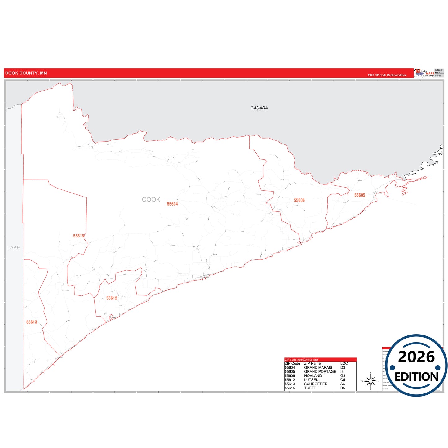 Cook County, MN Red Line 5 Digit ZIP Code Wall Map