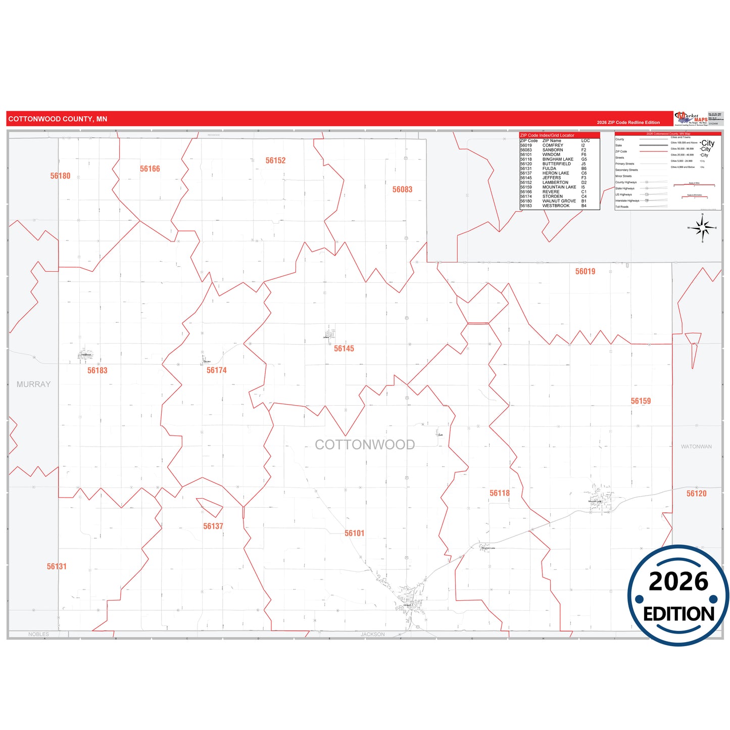 Cottonwood County, MN Red Line 5 Digit ZIP Code Wall Map