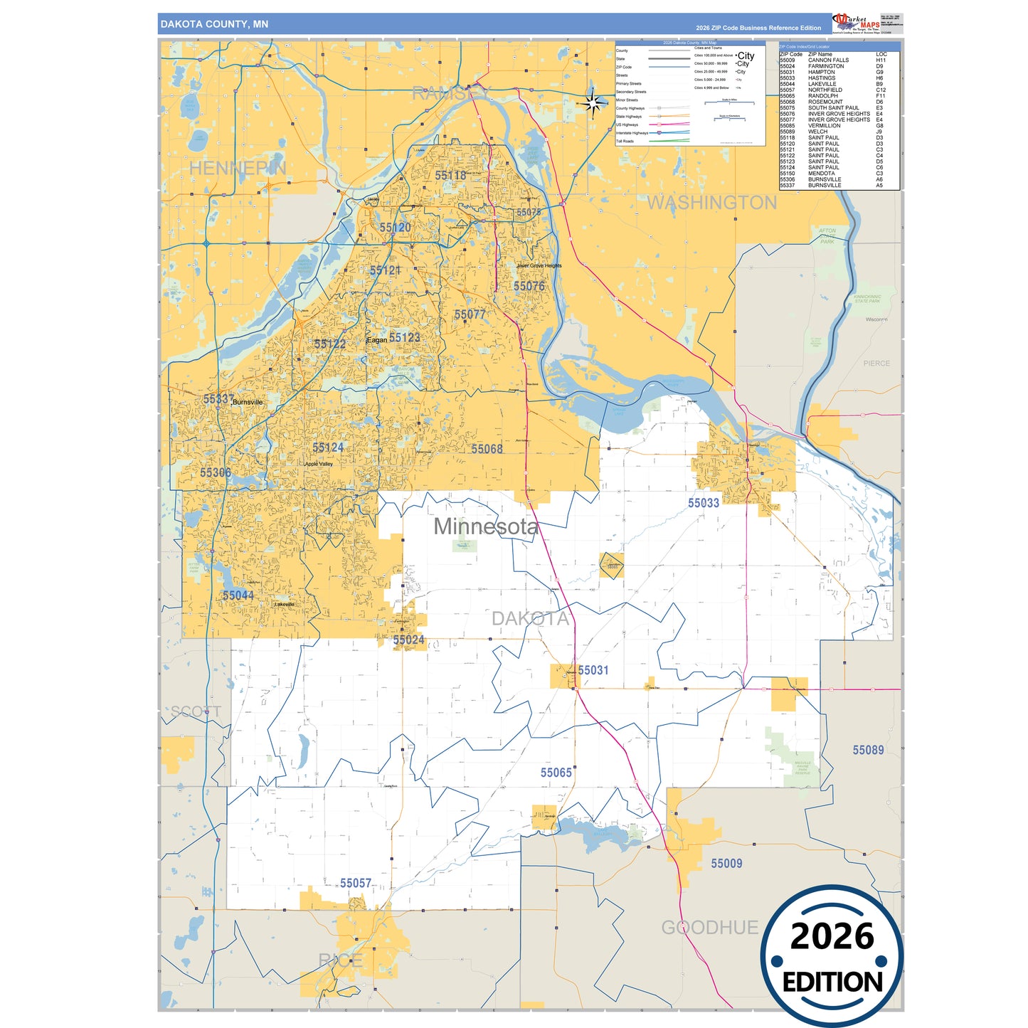 Dakota County, MN Business Reference map with detailed roads, cities, and ZIP code boundaries.