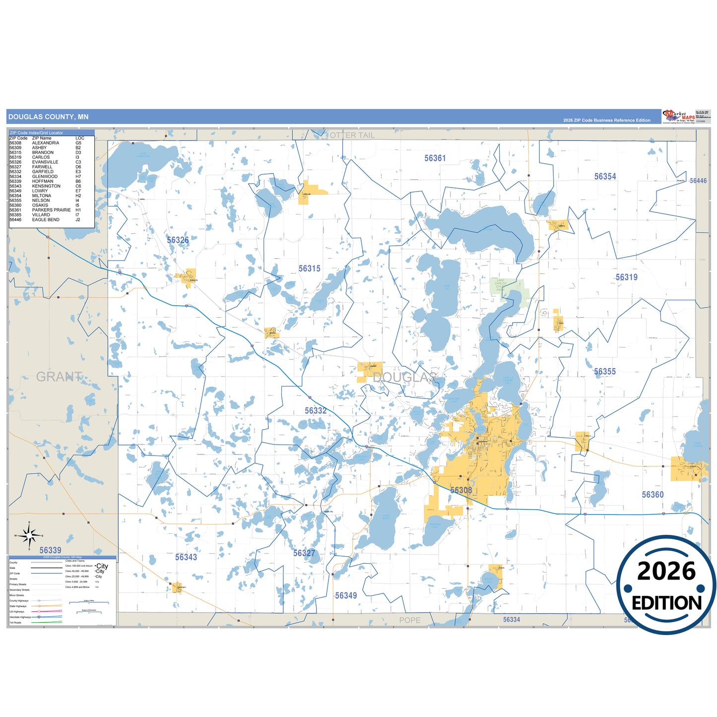 Douglas County, MN Business Reference map with detailed roads, cities, and ZIP code boundaries.
