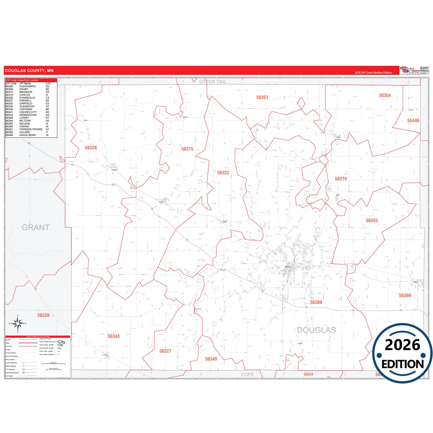 Douglas County, MN Red Line map with detailed roads, cities, and ZIP code boundaries.