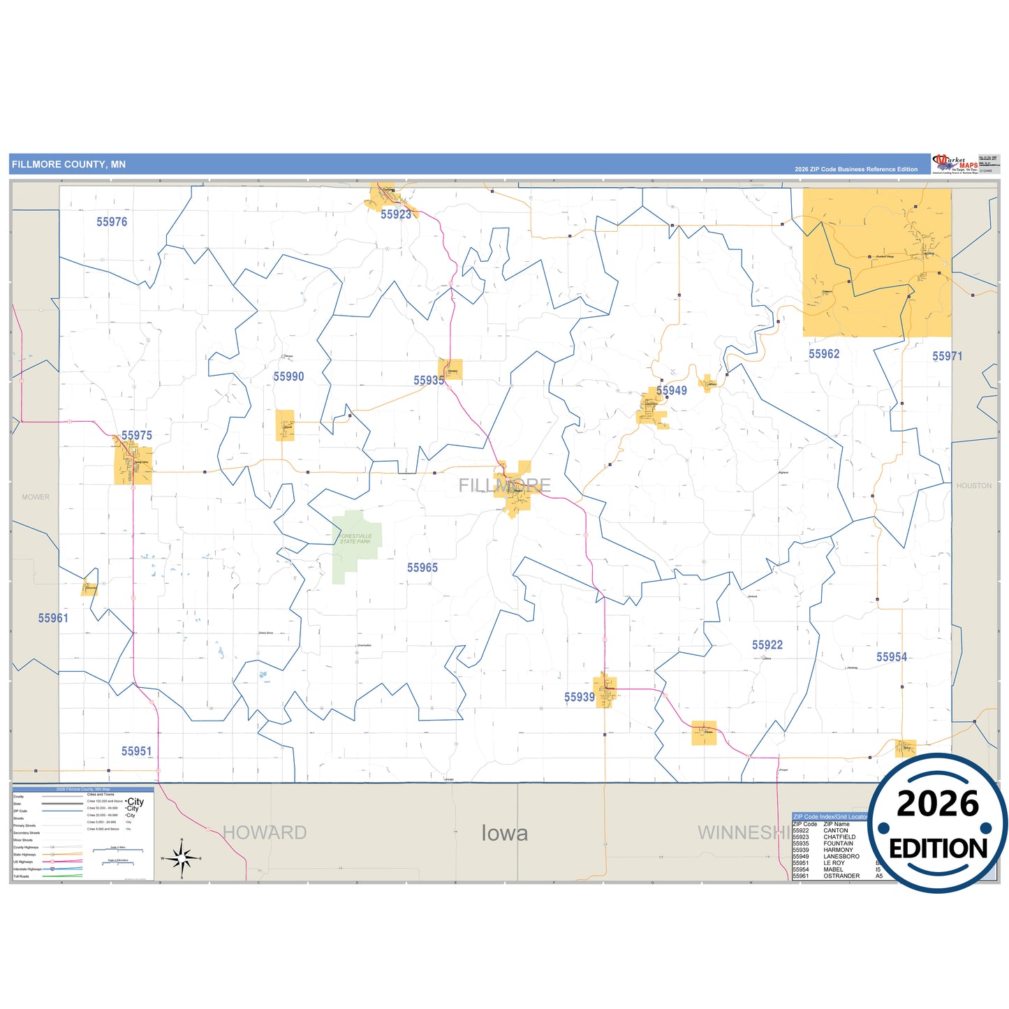 Fillmore County, MN Business Reference map with detailed roads, cities, and ZIP code boundaries.
