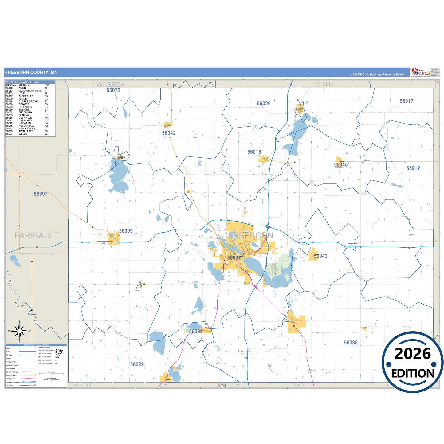 Freeborn County, MN Business Reference map with detailed roads, cities, and ZIP code boundaries.