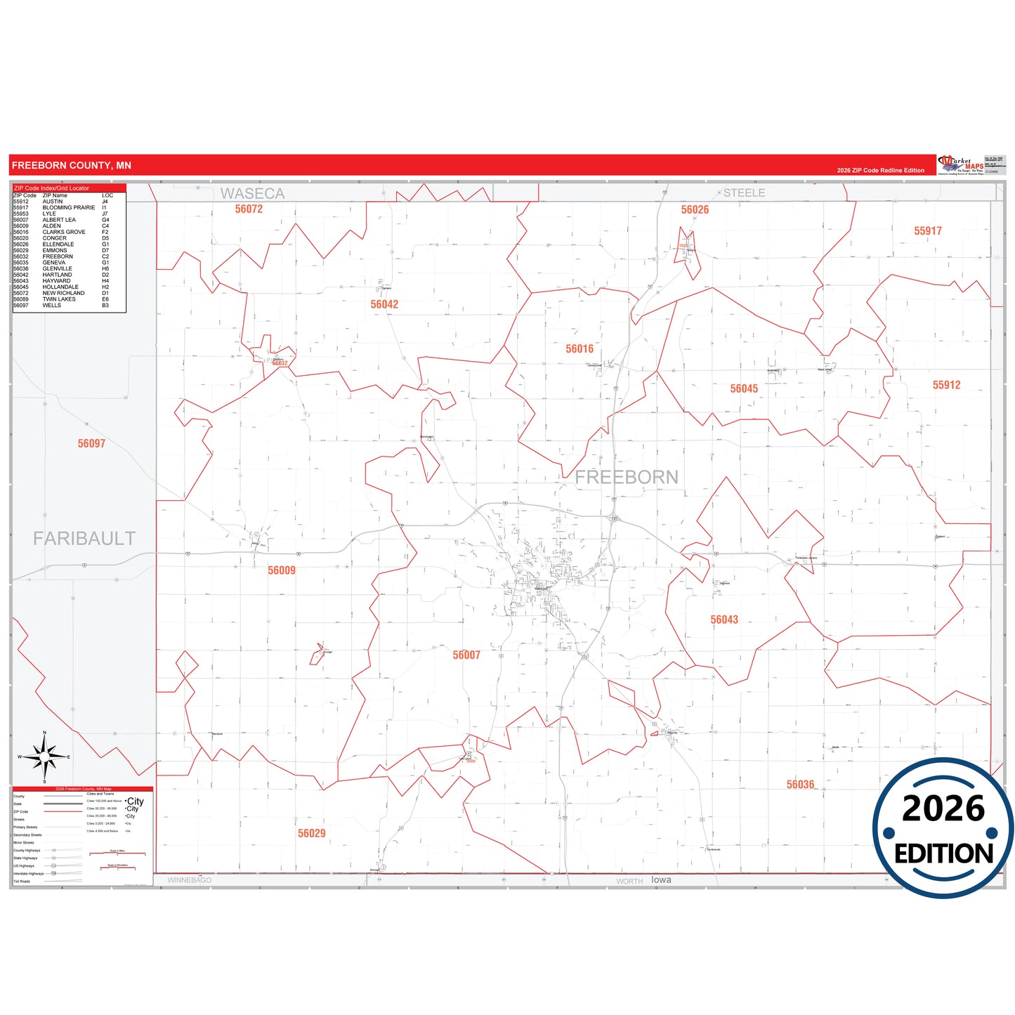 Freeborn County, MN Red Line 5 Digit ZIP Code Wall Map