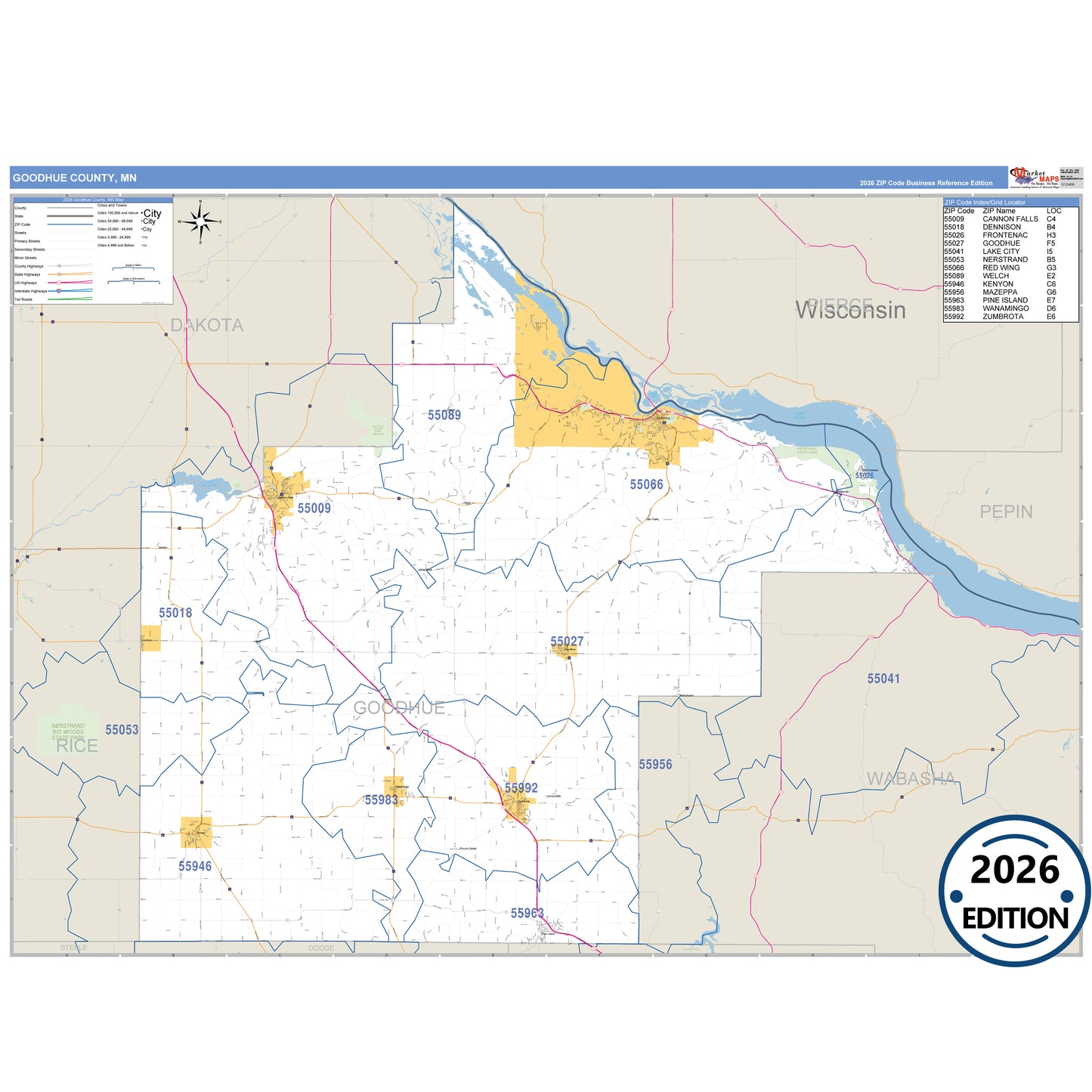 Goodhue County, MN Business Reference map with detailed roads, cities, and ZIP code boundaries.