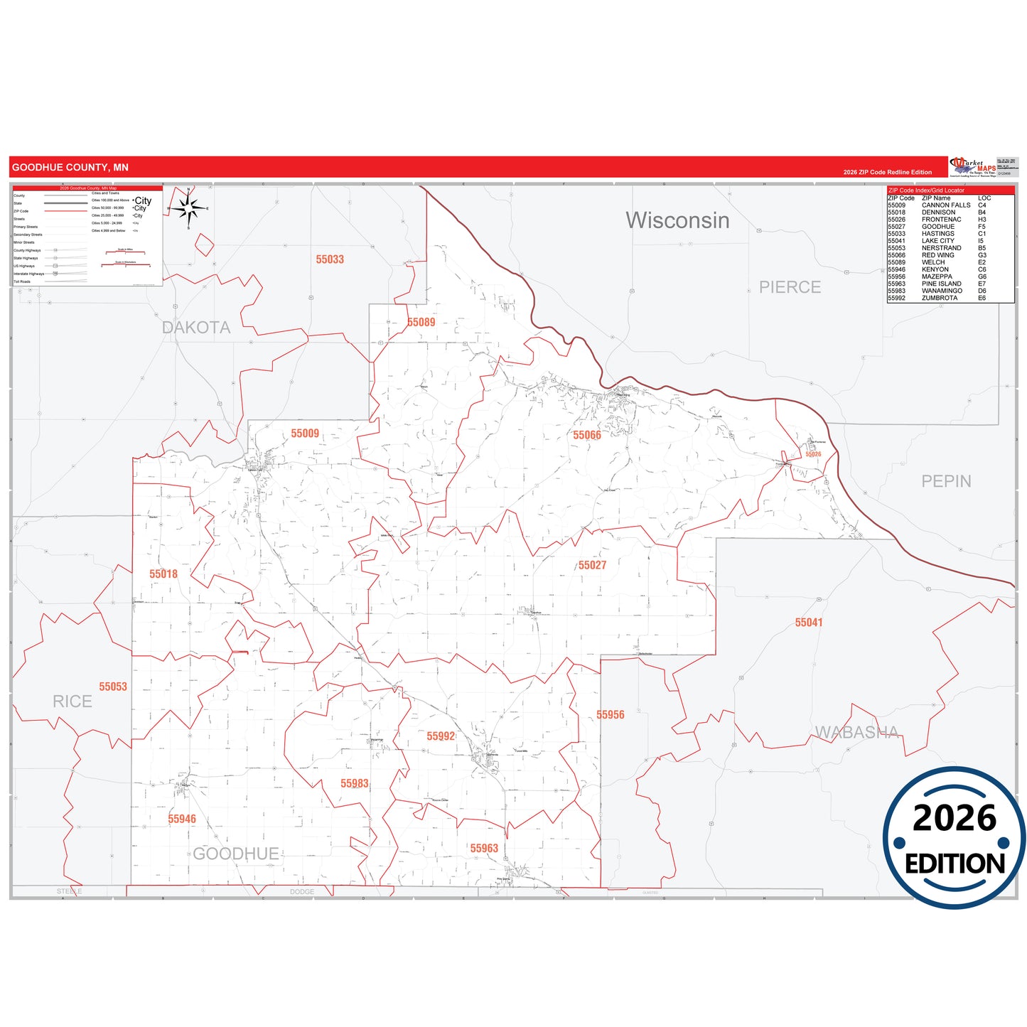 Goodhue County, MN Red Line 5 Digit ZIP Code Wall Map