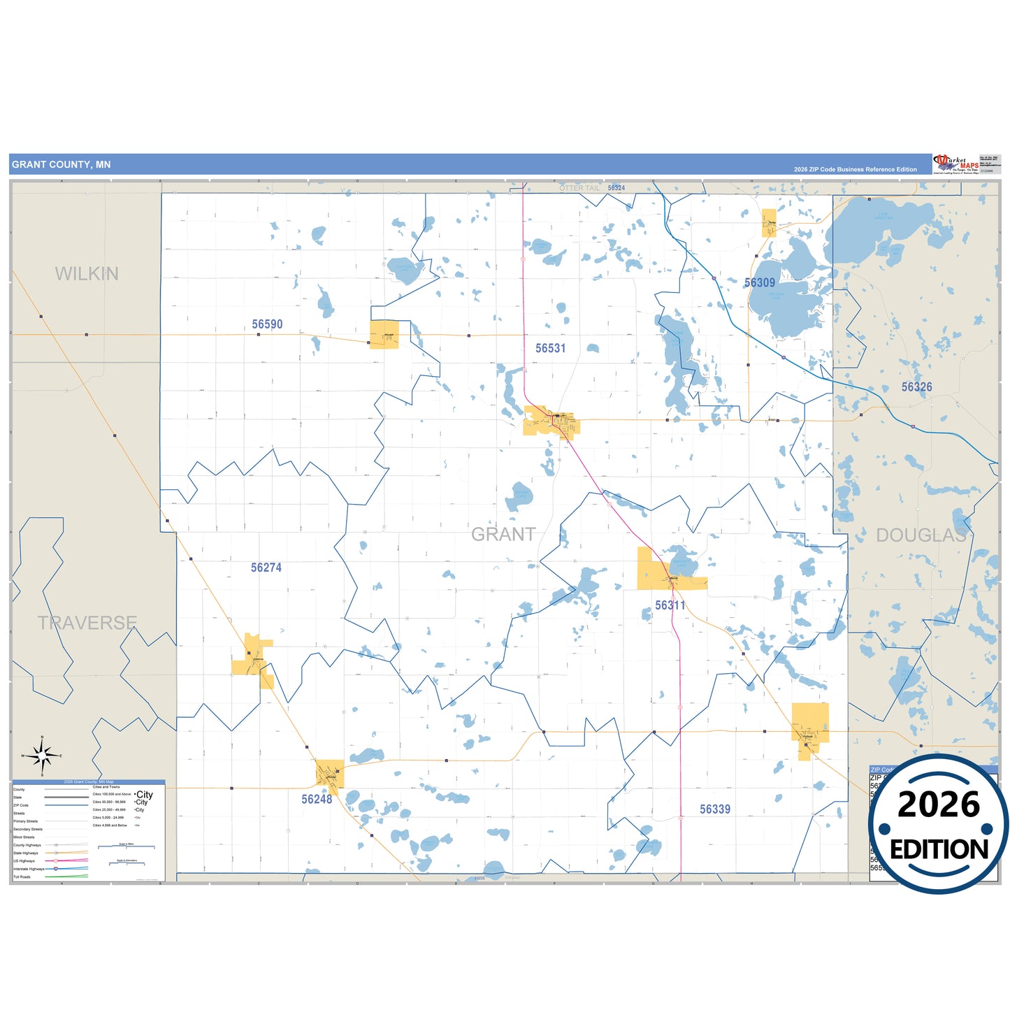 Grant County, MN Business Reference map with detailed roads, cities, and ZIP code boundaries.