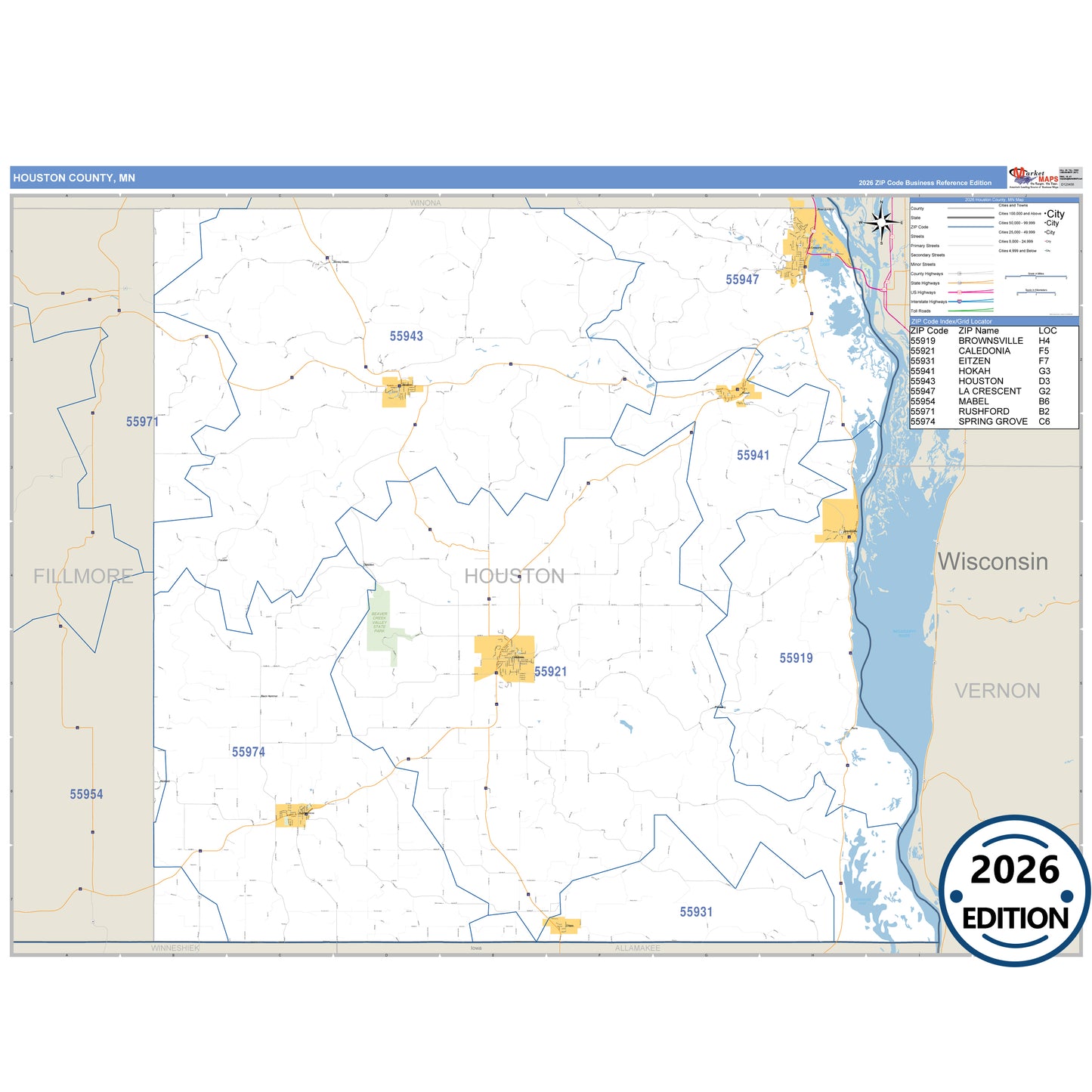 Houston County, MN Business Reference map with detailed roads, cities, and ZIP code boundaries.