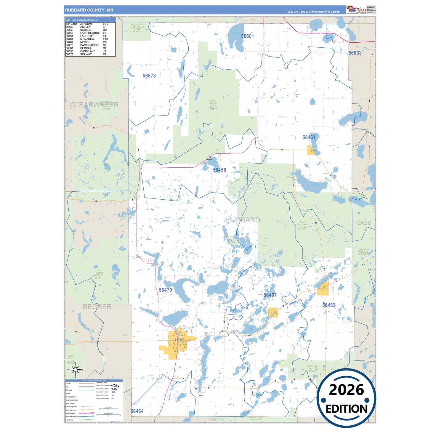 Hubbard County, MN Business Reference map with detailed roads, cities, and ZIP code boundaries.