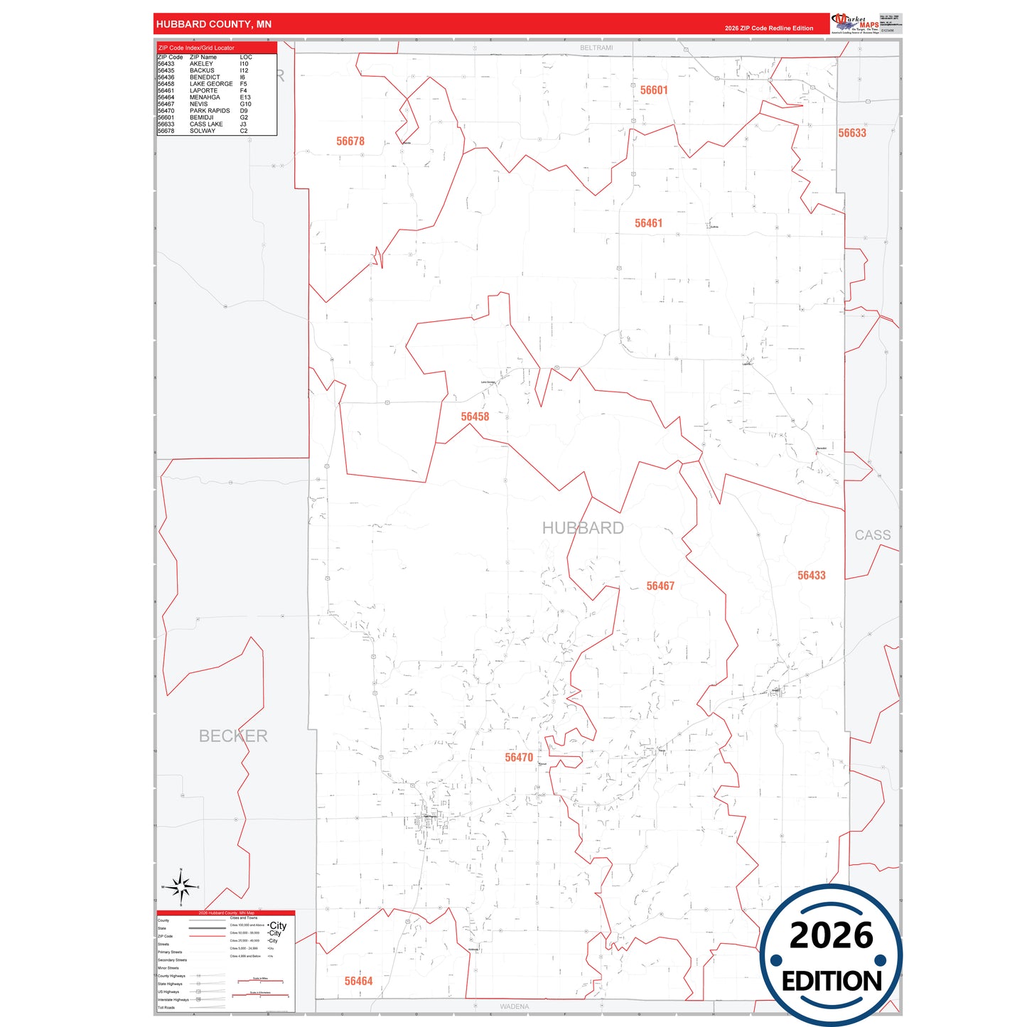 Hubbard County, MN Red Line map with detailed roads, cities, and ZIP code boundaries.