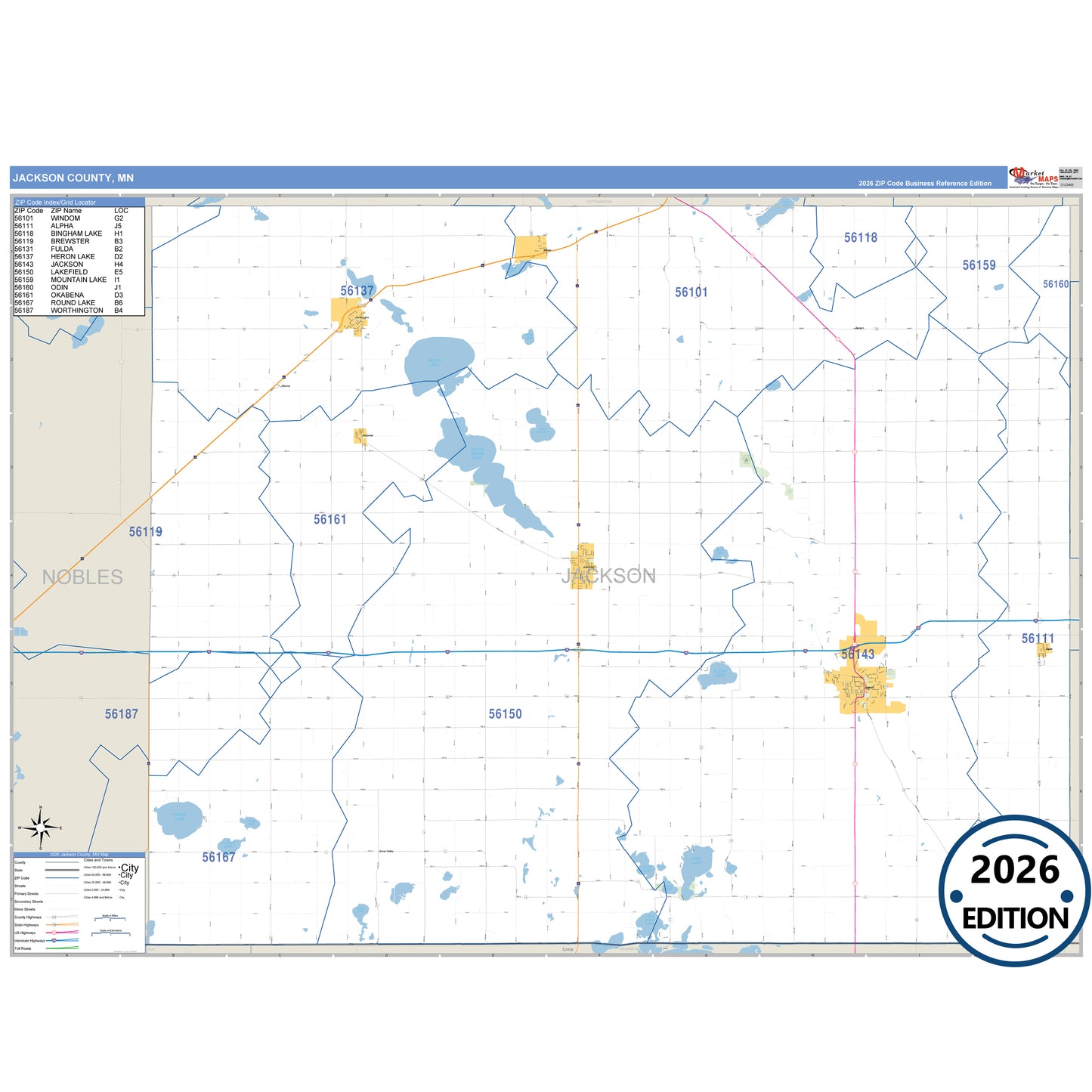 Jackson County, MN Business Reference map with detailed roads, cities, and ZIP code boundaries.
