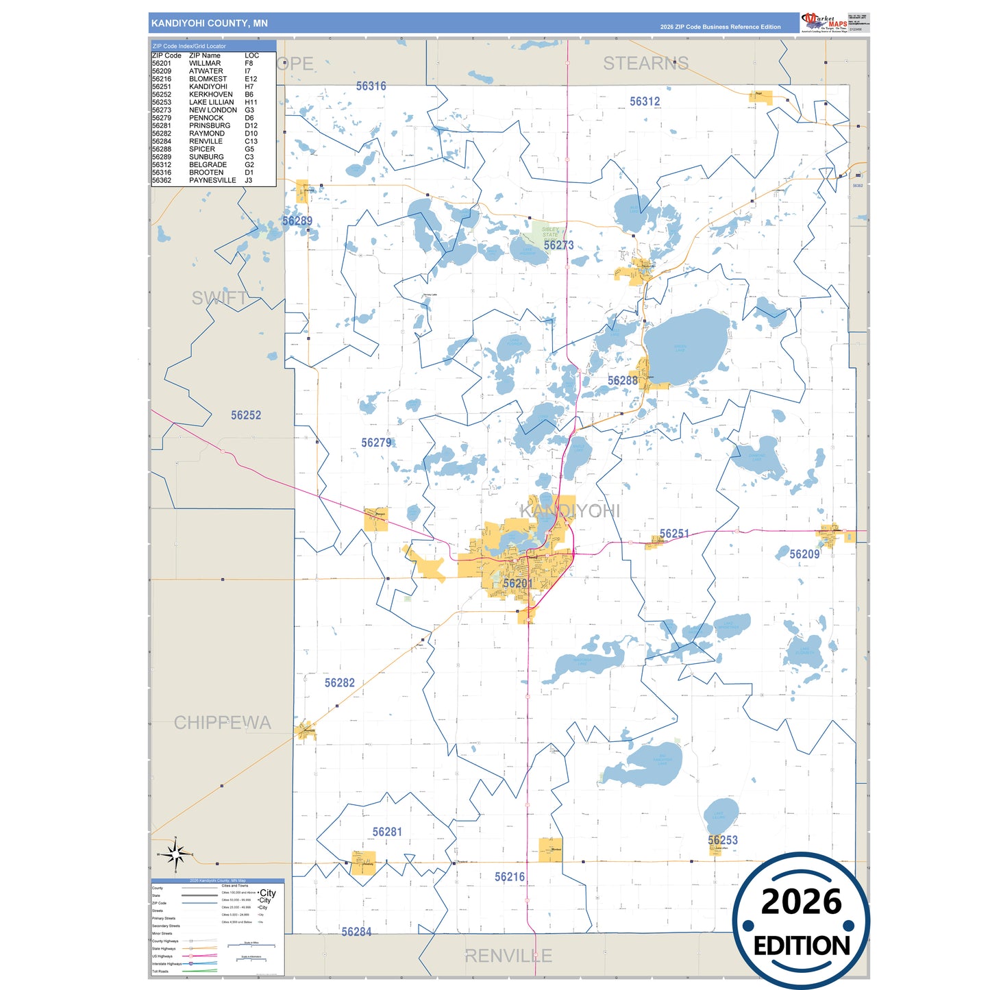 Kandiyohi County, MN Business Reference map with detailed roads, cities, and ZIP code boundaries.