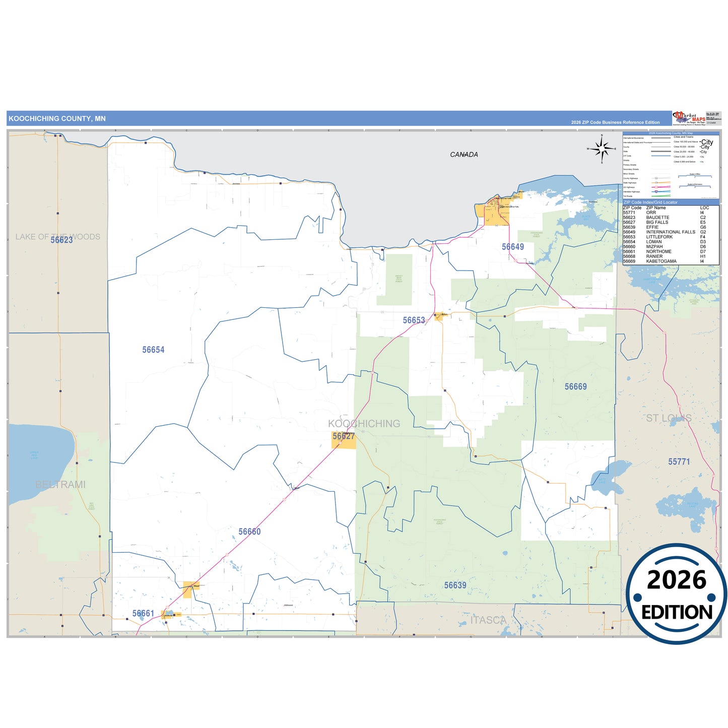 Koochiching County, MN Business Reference map with detailed roads, cities, and ZIP code boundaries.