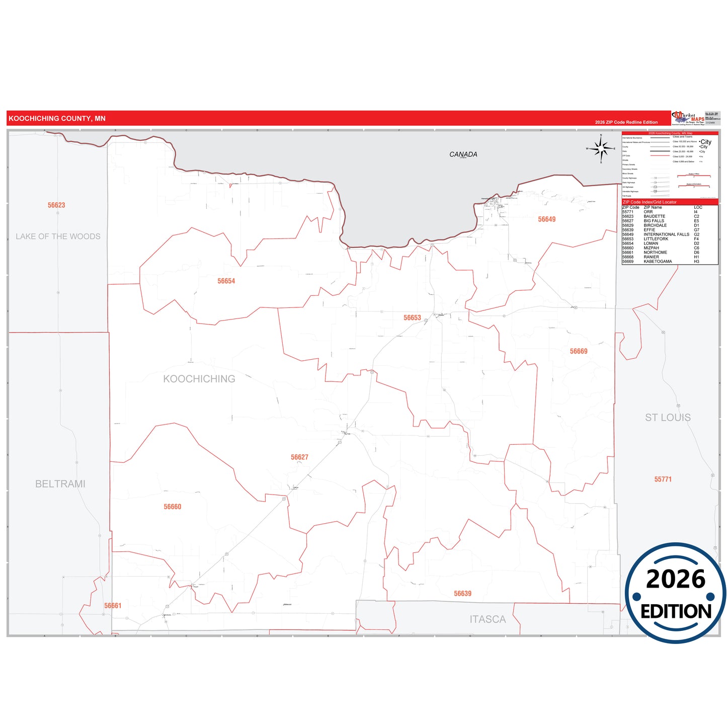 Koochiching County, MN Red Line map with detailed roads, cities, and ZIP code boundaries.