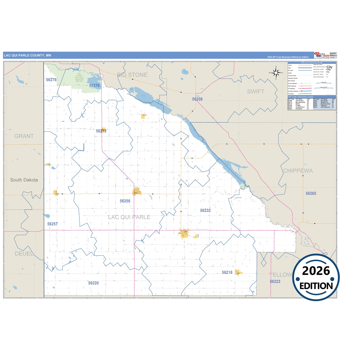Lac qui Parle County, MN Business Reference map with detailed roads, cities, and ZIP code boundaries.