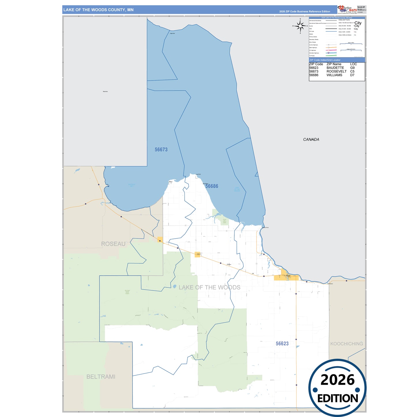 Lake Of The Woods County, MN Business Reference 5 Digit ZIP Code Wall Map