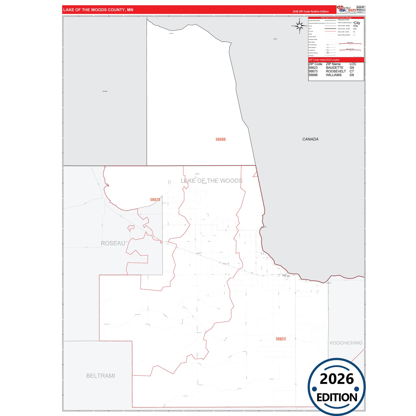 Lake Of The Woods County, MN Red Line map with detailed roads, cities, and ZIP code boundaries.