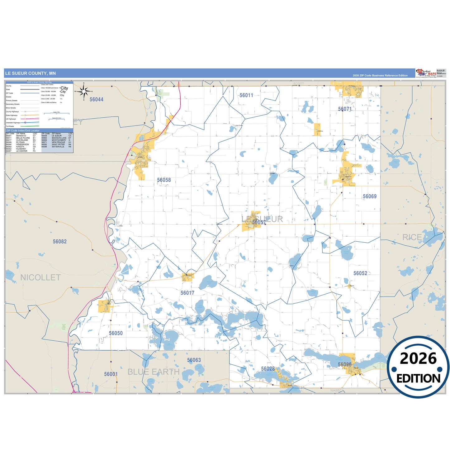 Le Sueur County, MN Business Reference map with detailed roads, cities, and ZIP code boundaries.
