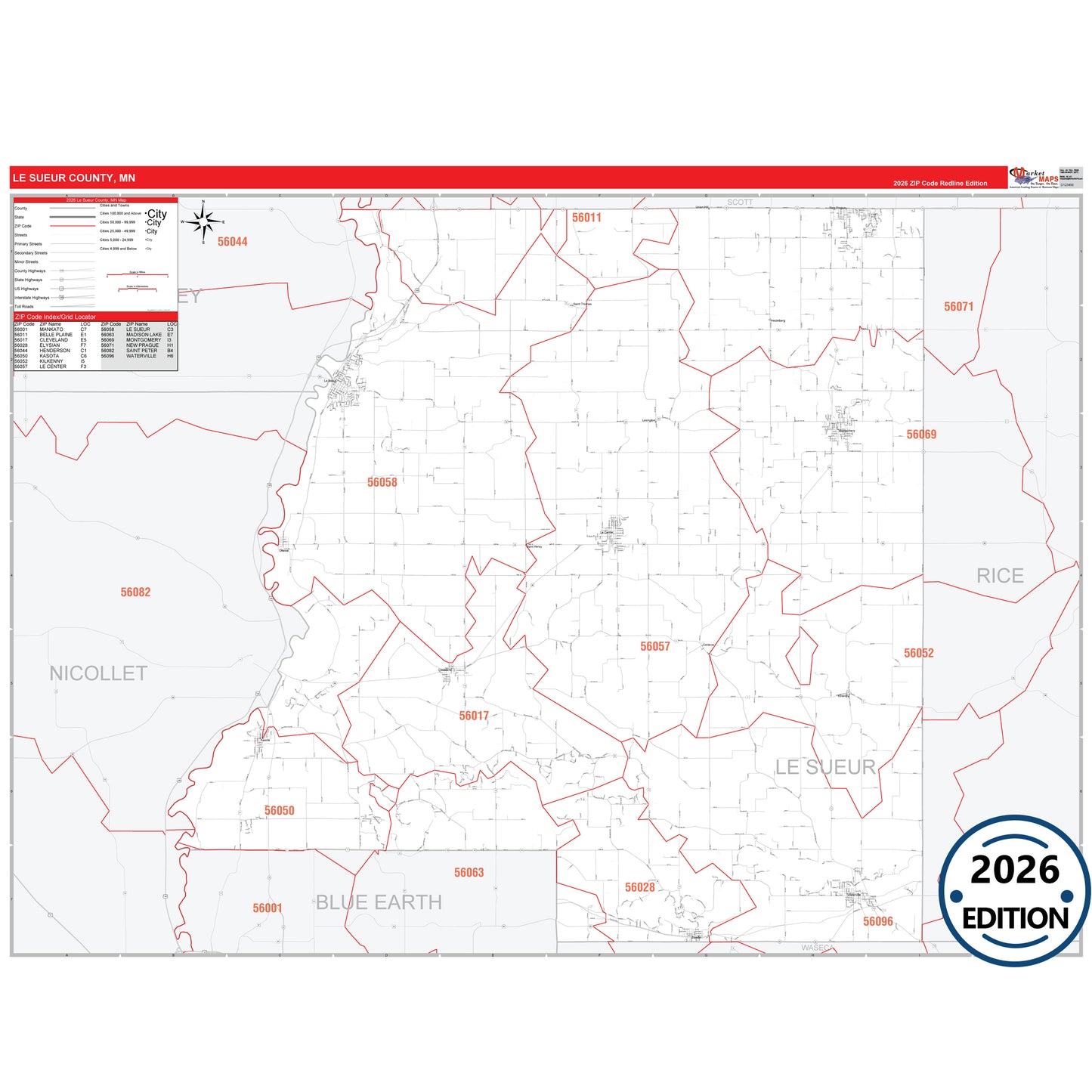 Le Sueur County, MN Red Line map with detailed roads, cities, and ZIP code boundaries.