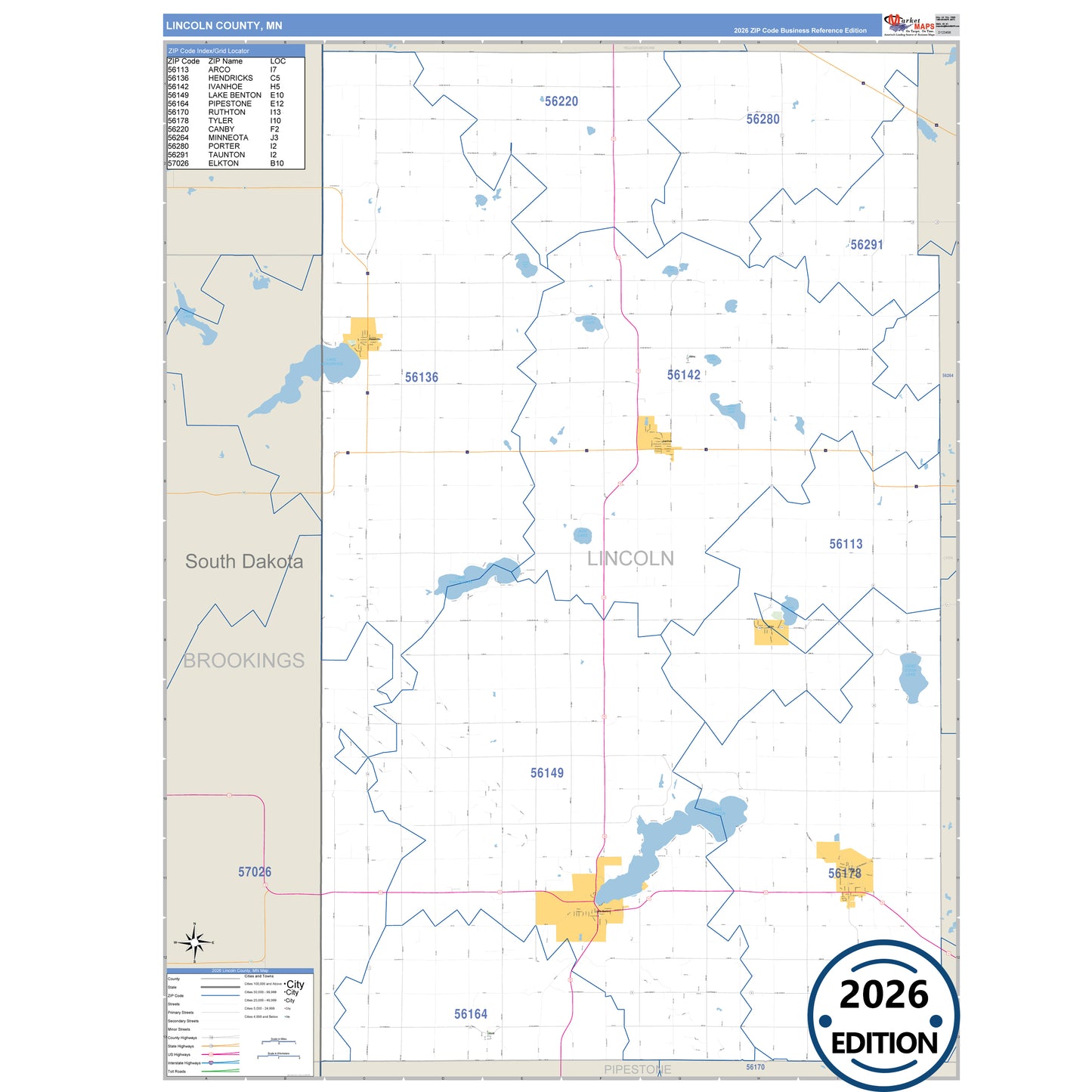 Lincoln County, MN Business Reference 5 Digit ZIP Code Wall Map