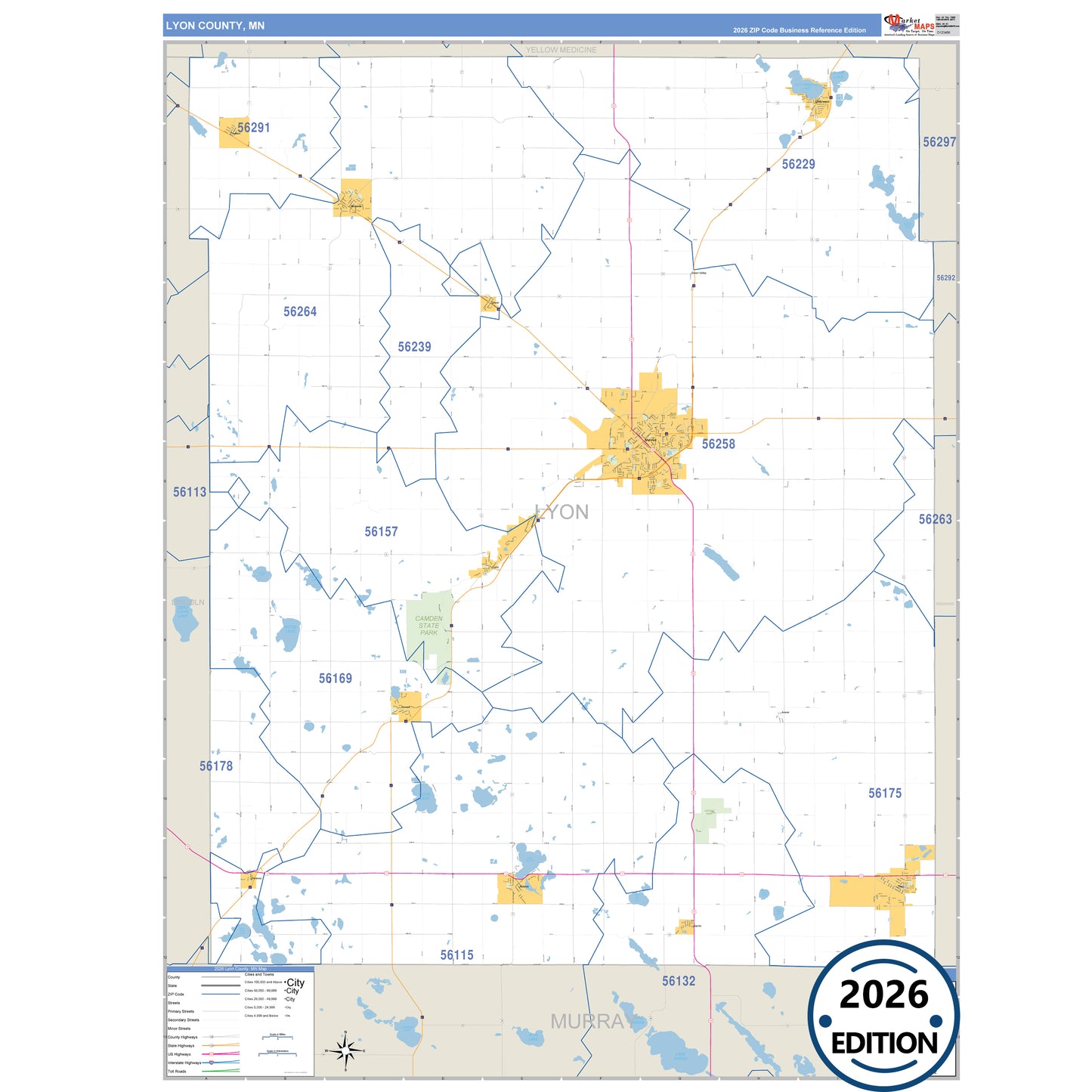 Lyon County, MN Business Reference 5 Digit ZIP Code Wall Map