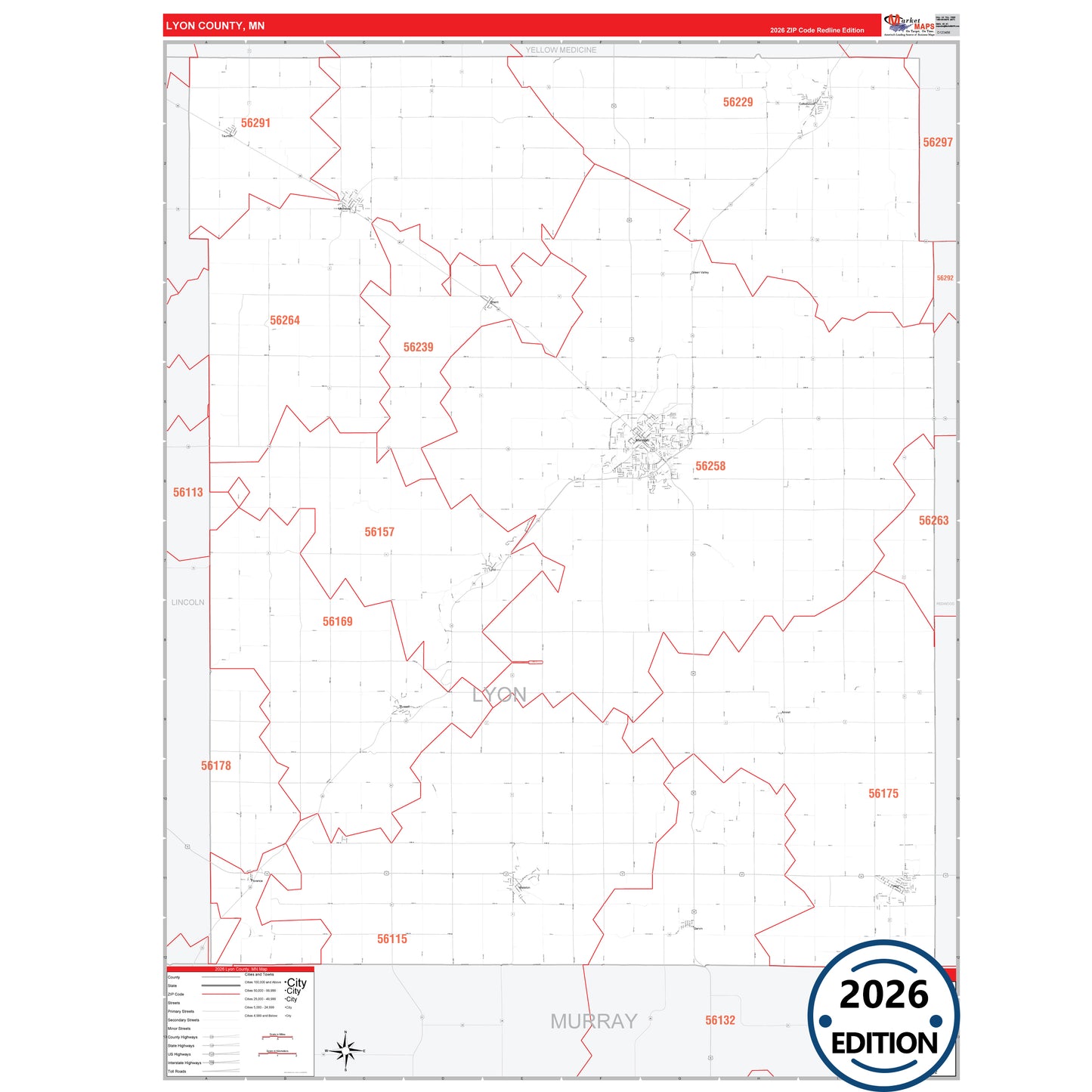 Lyon County, MN Red Line 5 Digit ZIP Code Wall Map