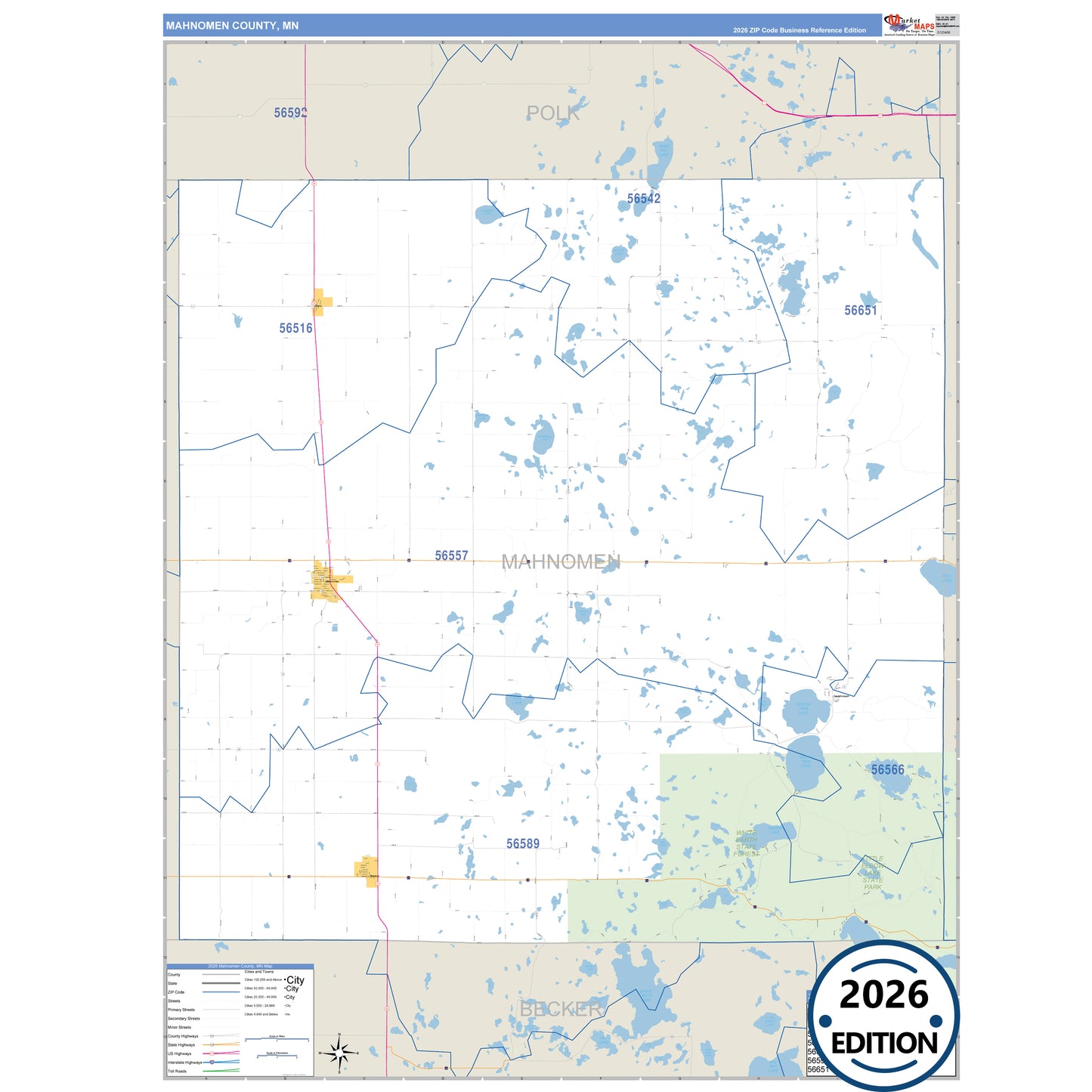 Mahnomen County, MN Business Reference map with detailed roads, cities, and ZIP code boundaries.